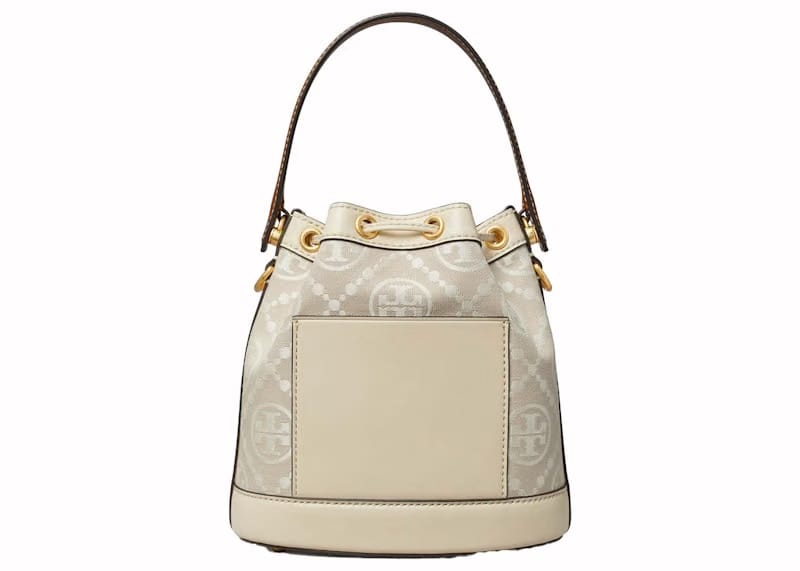 Tory Burch T Monogram Embossed-Logo Bucket Bag Almond White