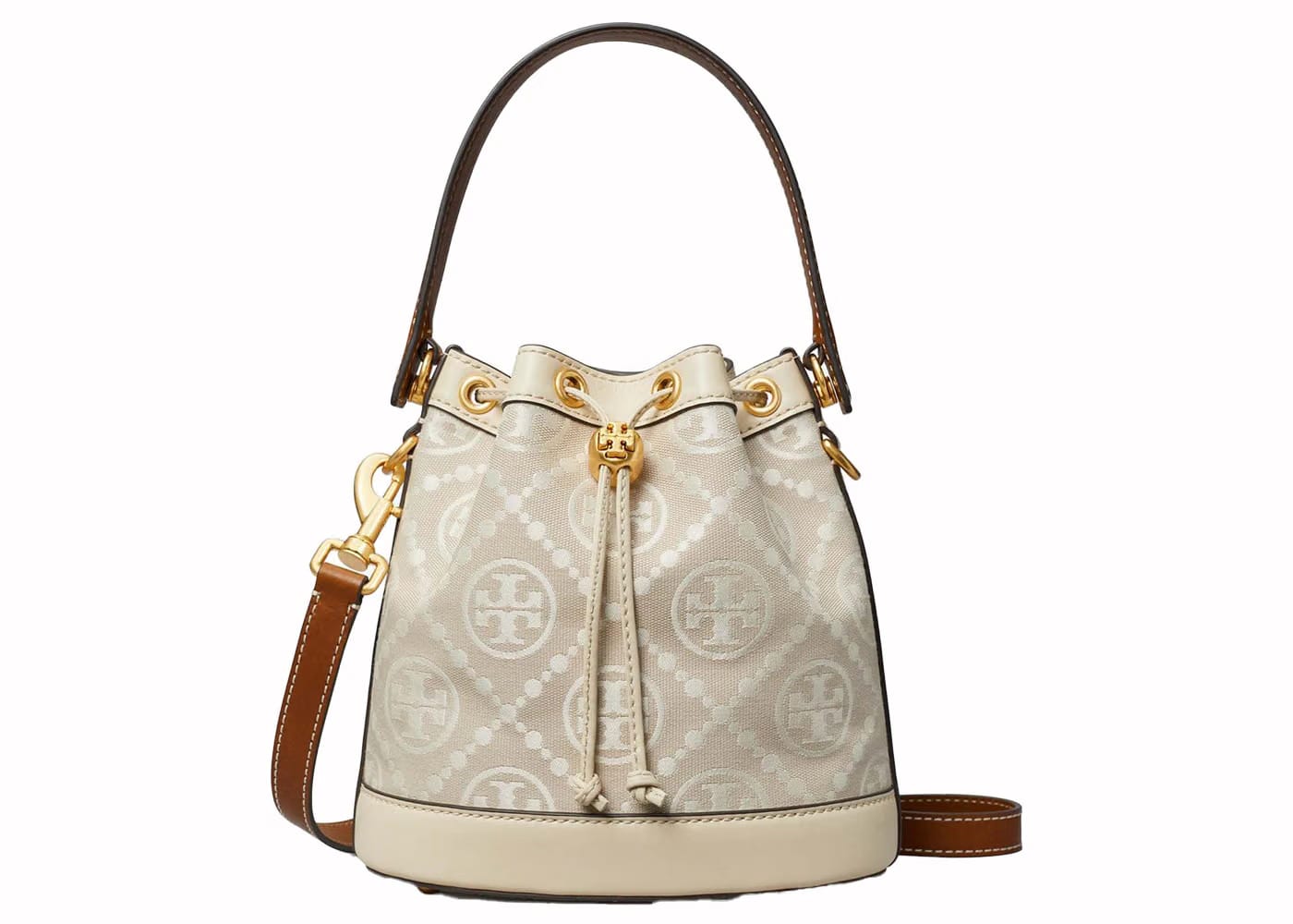 Tory Burch T Monogram Embossed-Logo Bucket Bag Almond White
