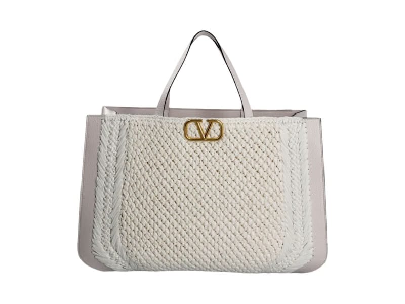 Valentino V'Logo Signature Crochet Raffia Tote Bag Grey/White