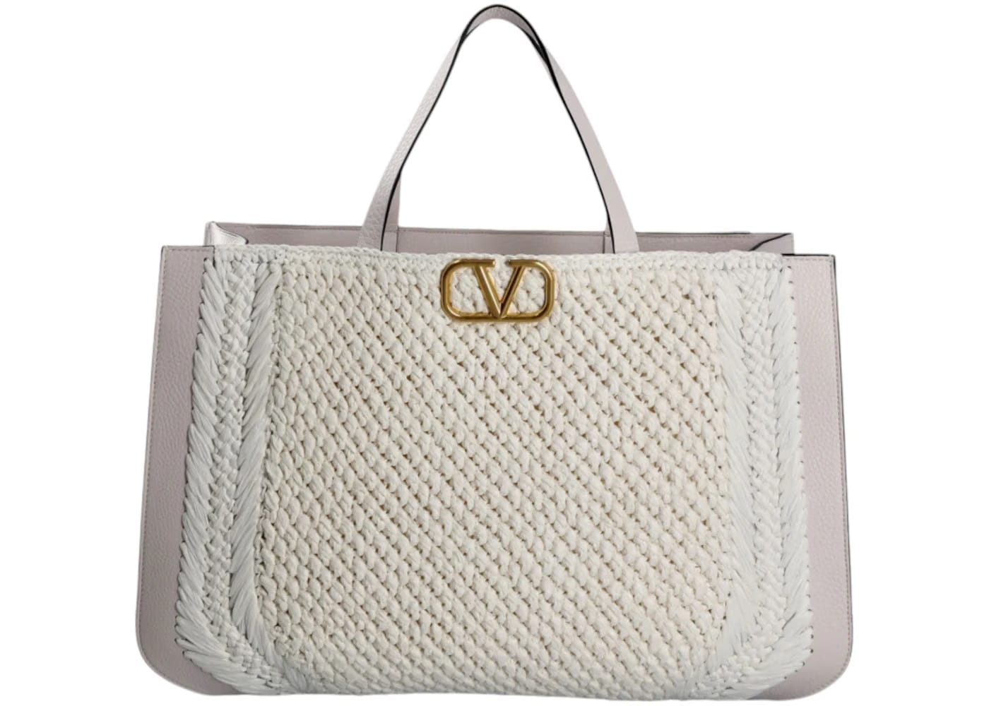 Valentino V'Logo Signature Crochet Raffia Tote Bag Grey/White