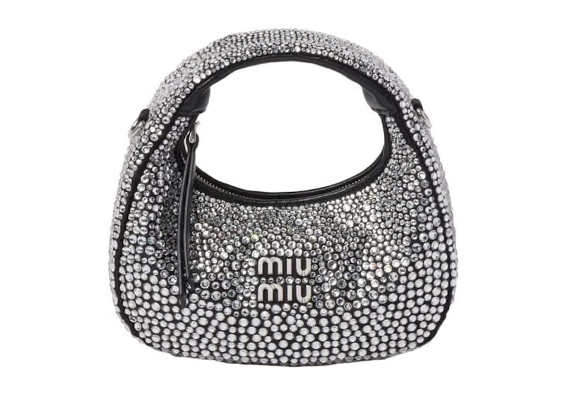 Miu Miu Wander Satin and Silk Mini Hobo Bag with Synthetic Crystals Black