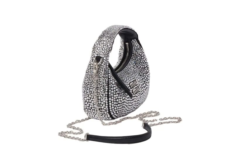 Miu Miu Wander Satin and Silk Mini Hobo Bag with Synthetic Crystals Black