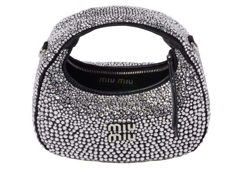 Miu Miu Wander Satin and Silk Mini Hobo Bag with Synthetic Crystals Black