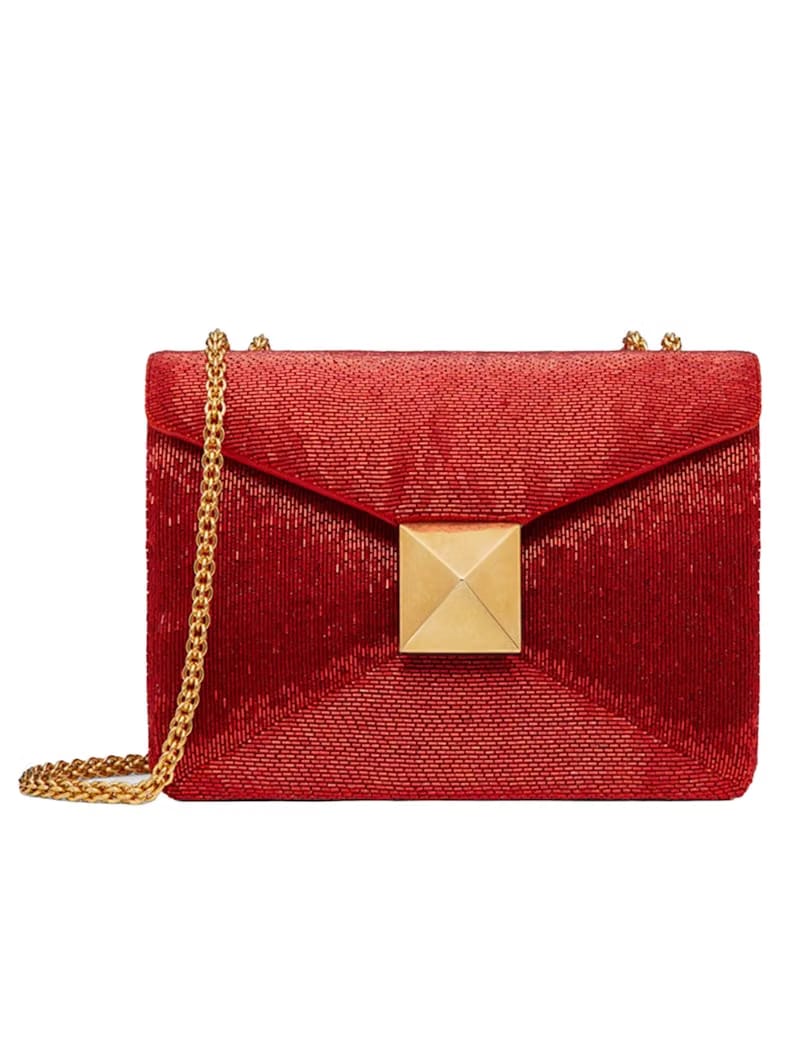 Valentino Beaded Leather One Stud Shoulder Bag Red