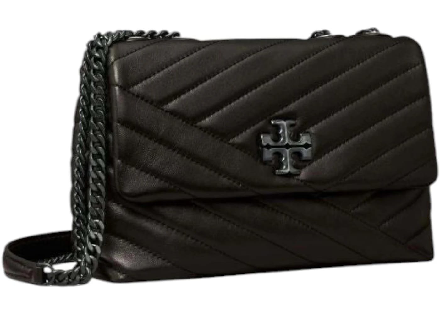 Tory Burch Kira Chevron Powder Coated Small Convertible Shoulder Bag Black/Silver