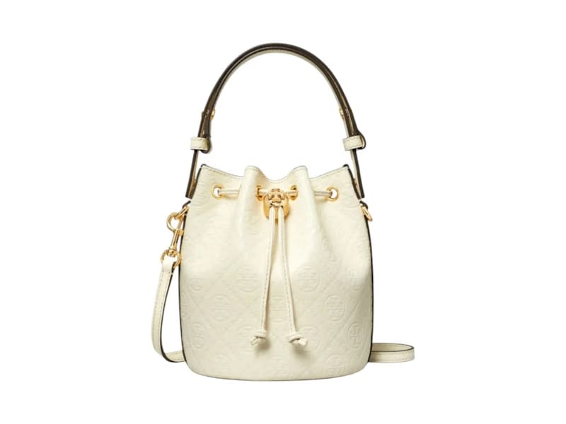 Tory Burch T Monogram Leather Mini Bucket Bag Light Cream