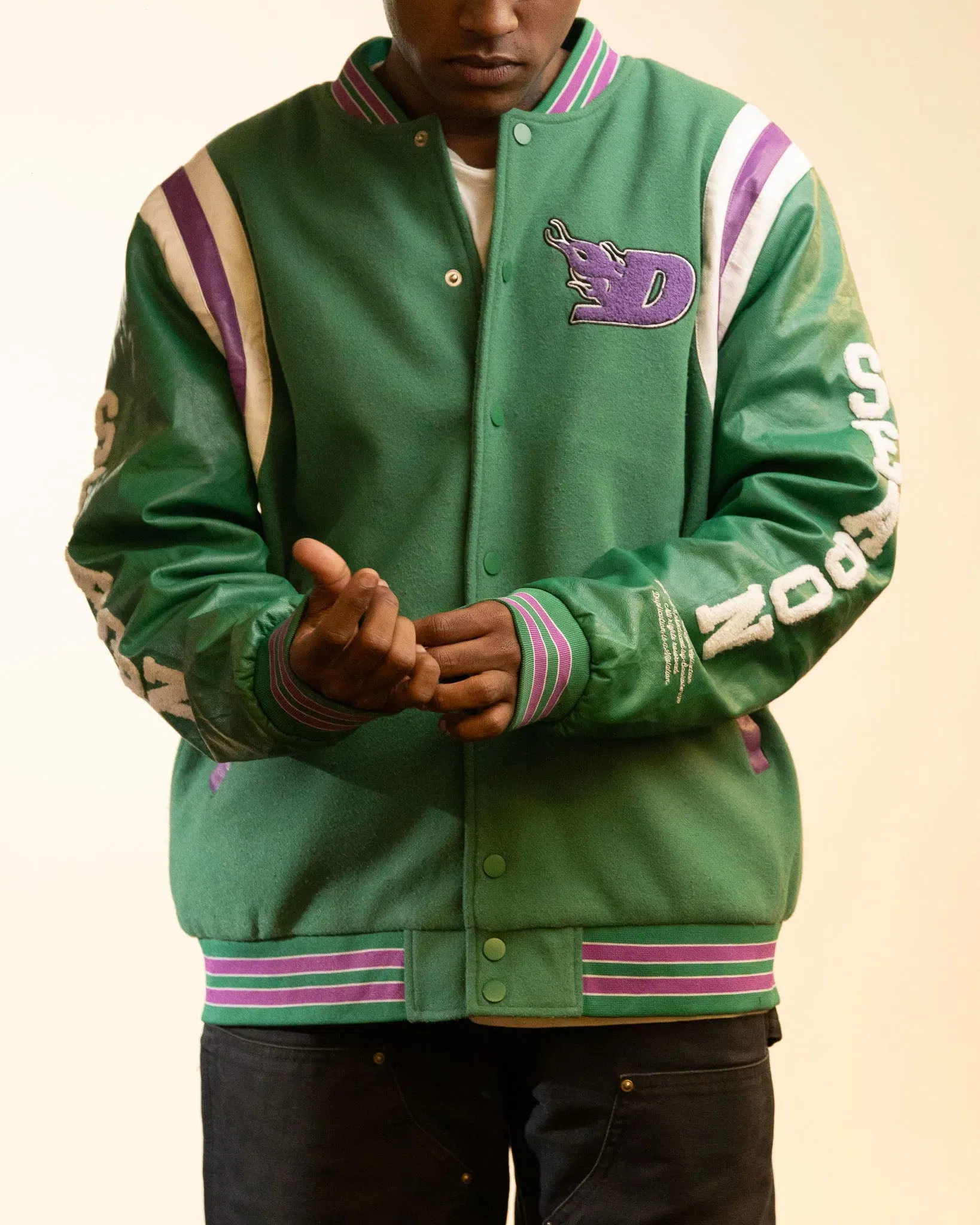 Boohoo Man x Da Baby Letterman Varsity Jacket in Green Purple (XL)
