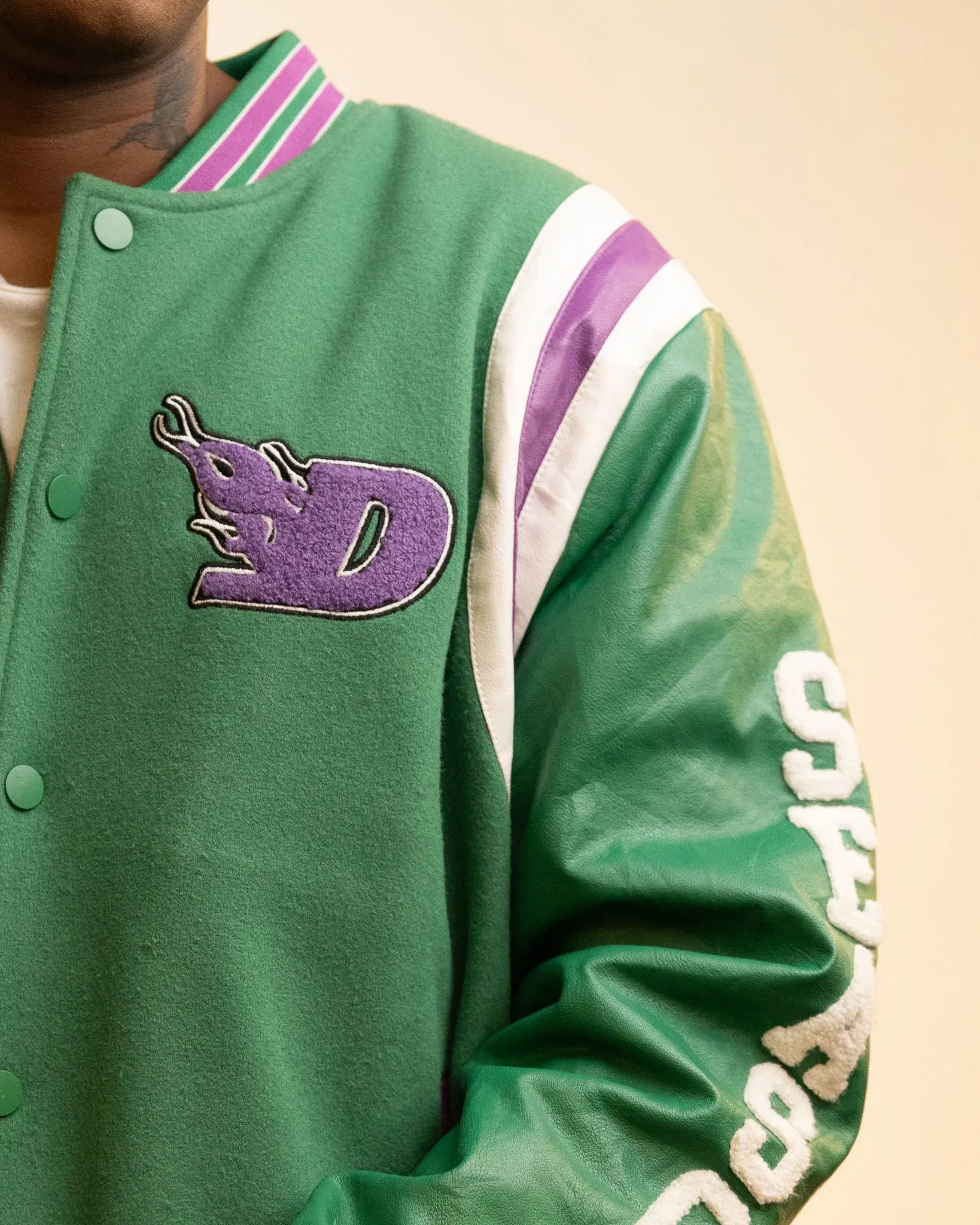 Boohoo Man x Da Baby Letterman Varsity Jacket in Green Purple (XL)