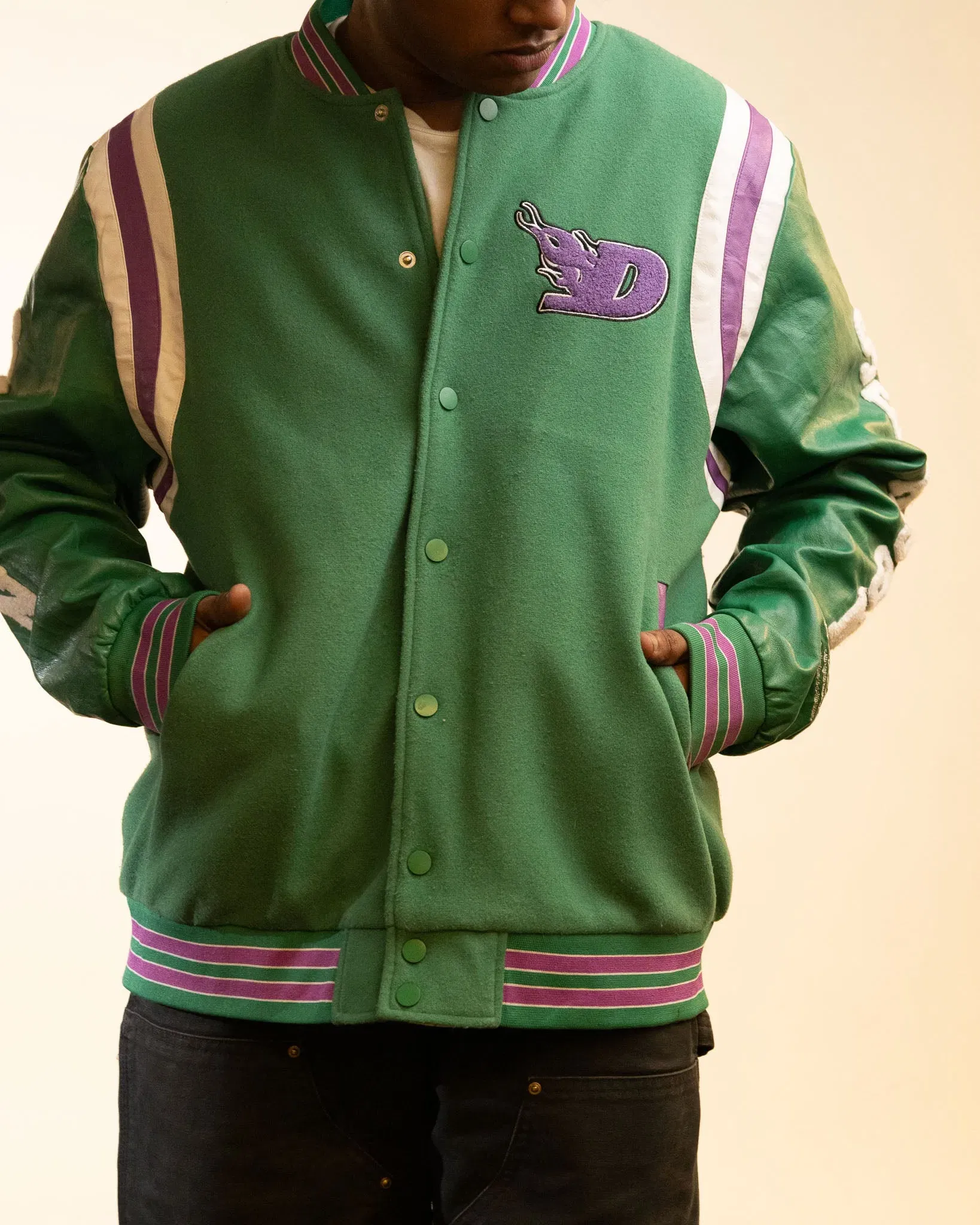 Boohoo Man x Da Baby Letterman Varsity Jacket in Green Purple (XL)
