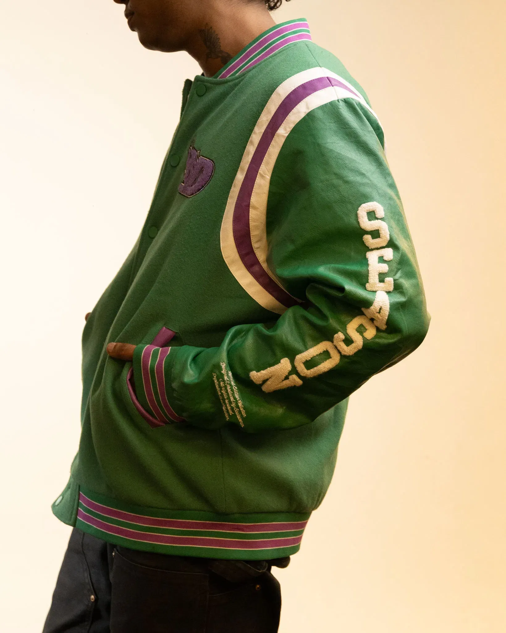 Boohoo Man x Da Baby Letterman Varsity Jacket in Green Purple (XL)