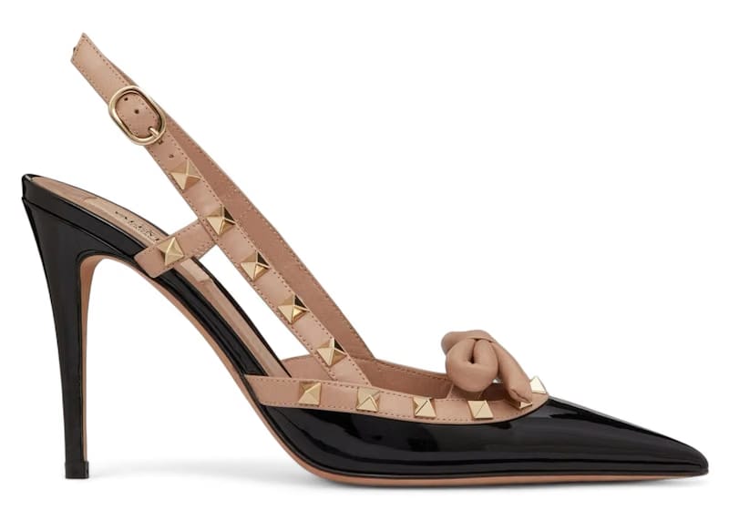 Valentino Garavani Rockstud Bow Slingback Patent Leather Pump 100mm Black Beige (Women's)