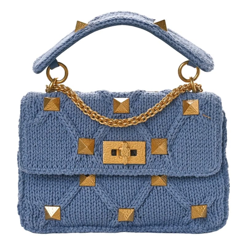 Valentino Knit Roman Stud Shoulder Bag Blue