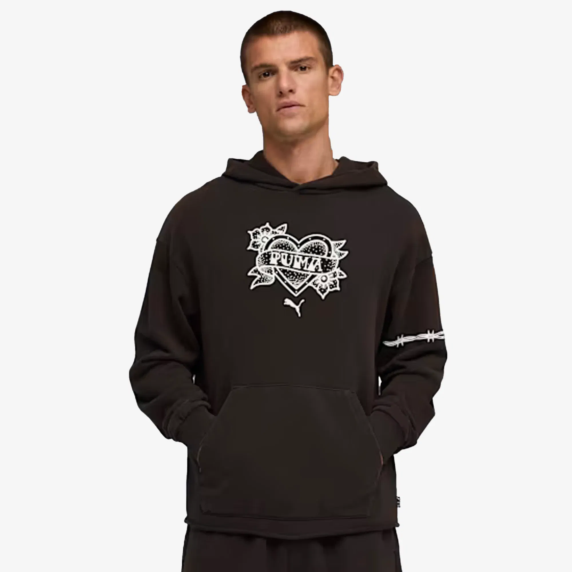 PUMA SWISH N' INK RELAXED FIT GRAPHIC BASKETBALL HOODIE II { BLACK
