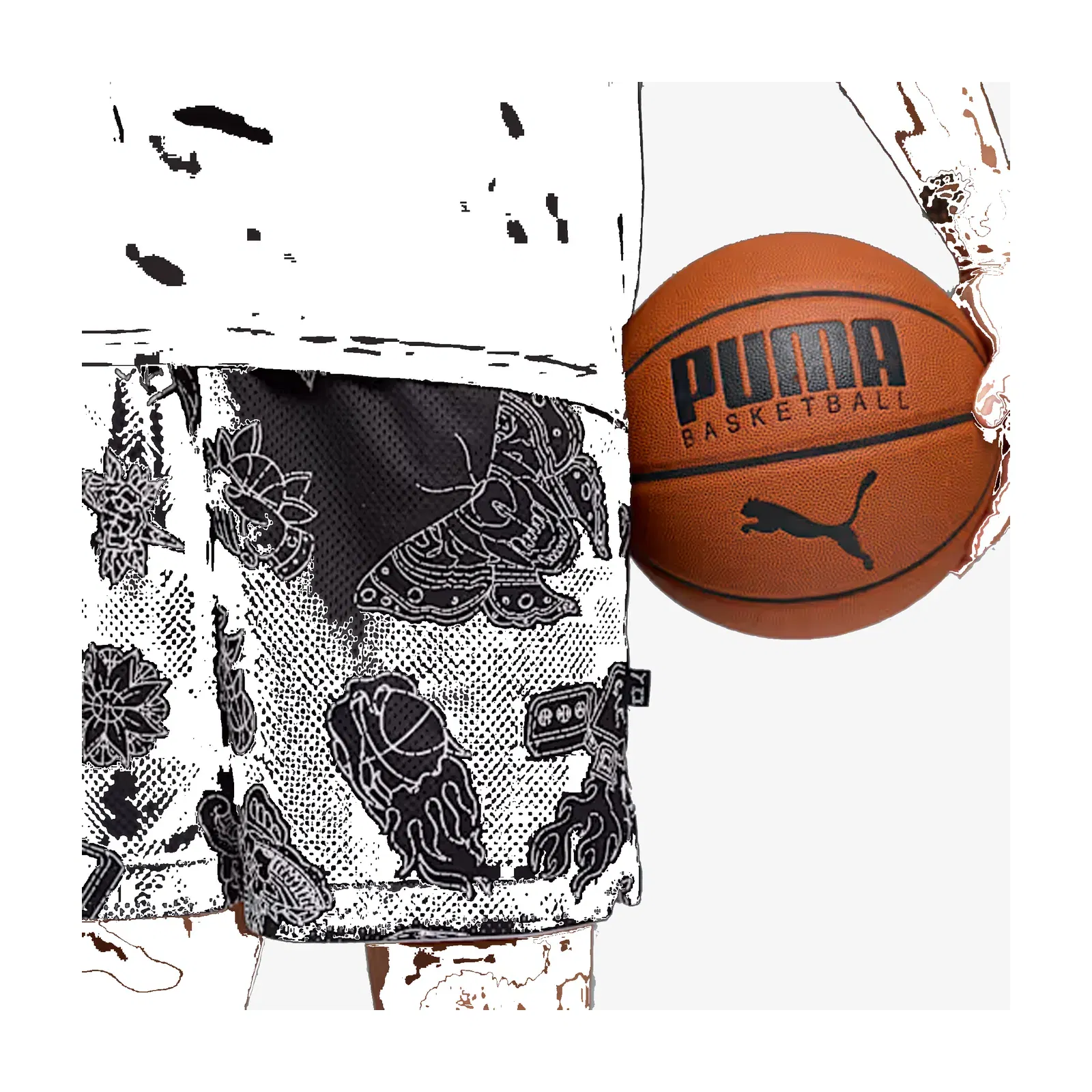 PUMA SWISH N' INK ABOVE-KNEE 7" BASKETBALL SHORTS { BLACK-AOP