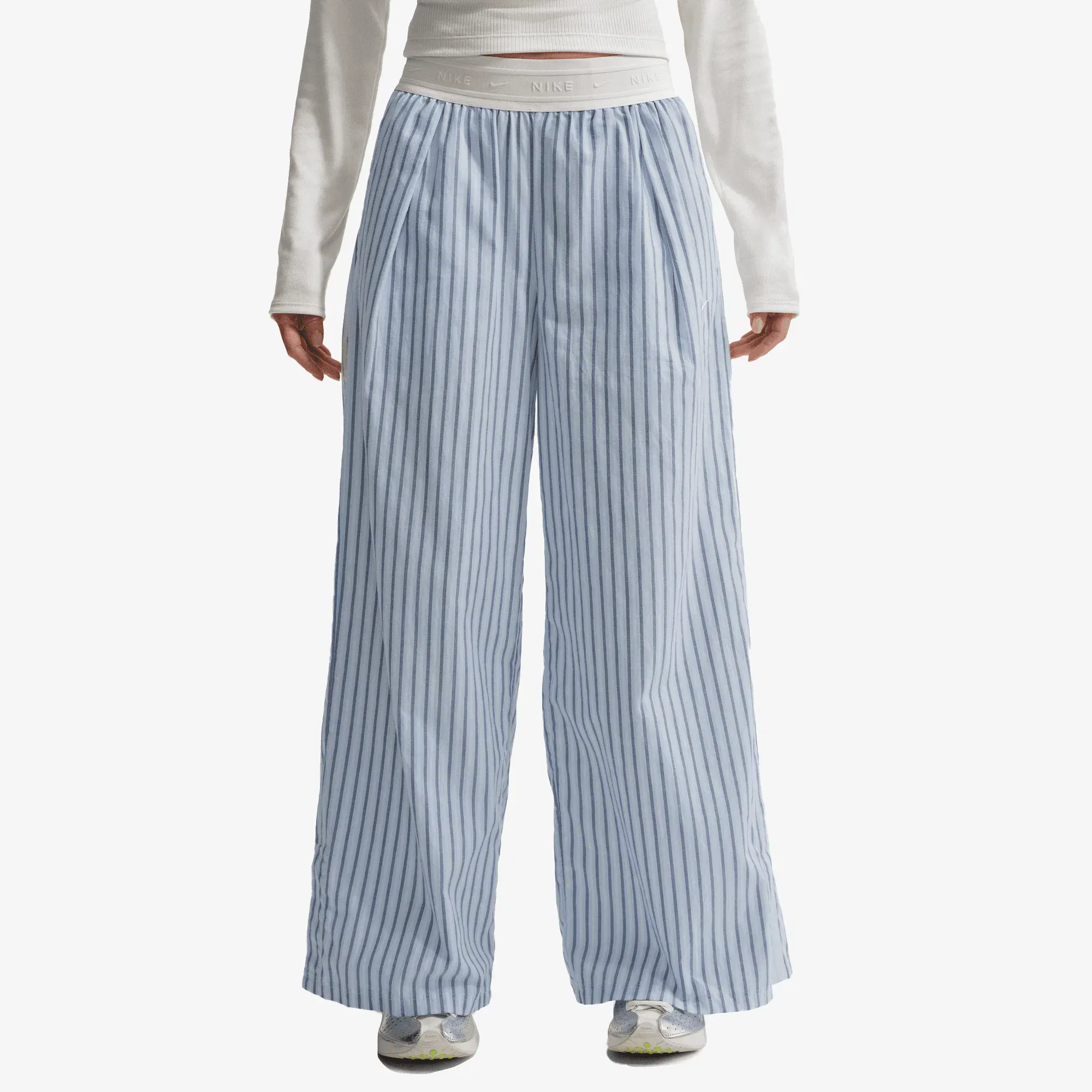 NIKE LOOSE MID-RISE WOVEN STRIPED PANTS { MYSTIC NAVY/HYDROGEN BLUE/SUMMIT WHITE