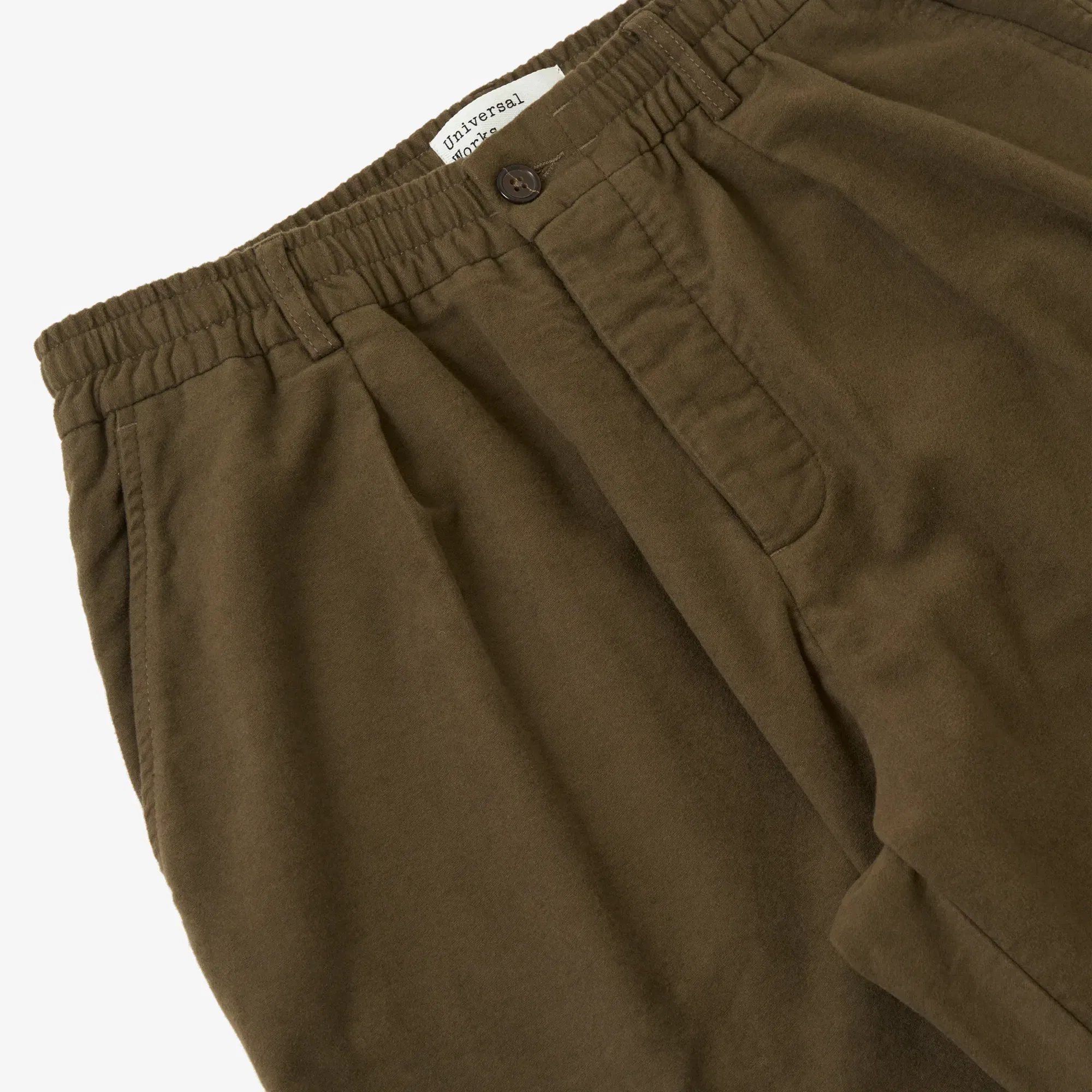UNIVERSAL WORKS COMFORT MOLESKIN PLEATED TRACK PANT { KHAKI