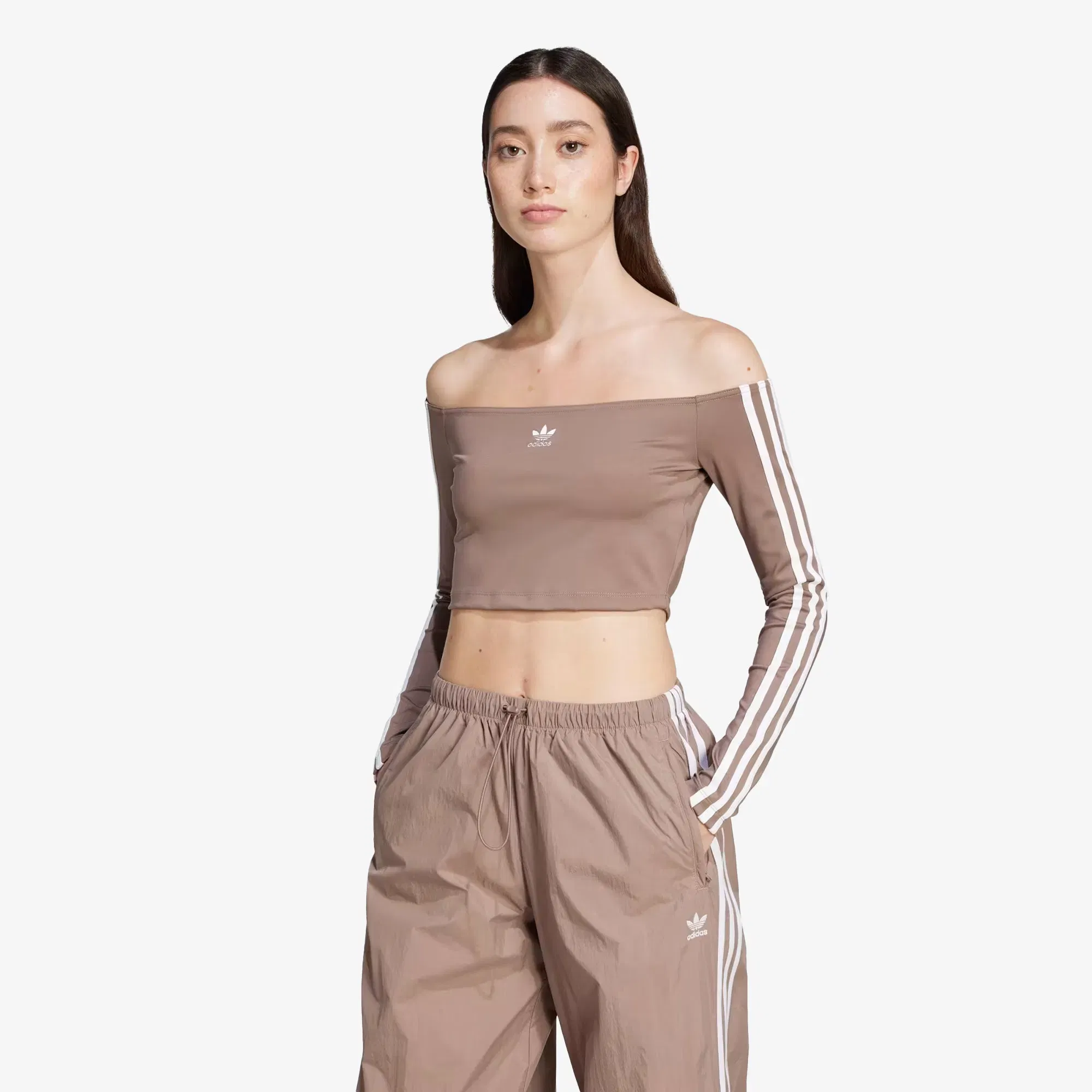 Adidas Originals ADICOLOR OFF SHOULDER Long Sleeve T-Shirt { TRACE BROWN