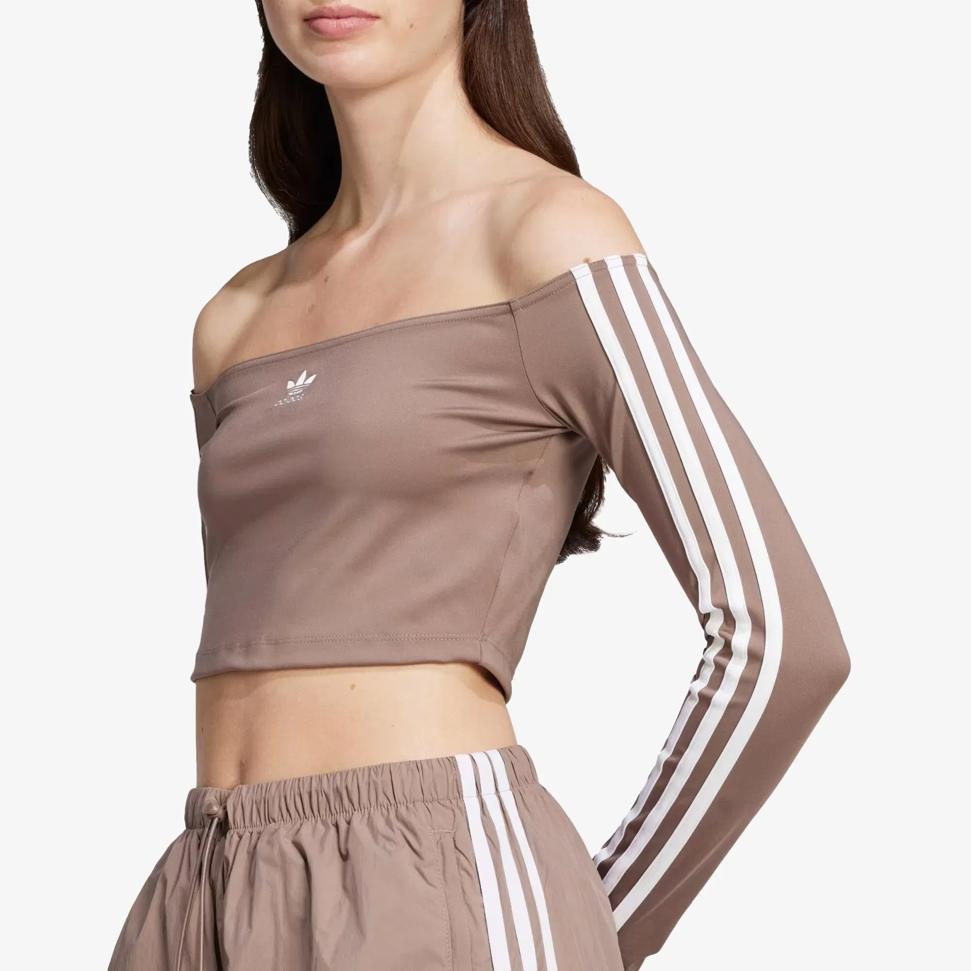 Adidas Originals ADICOLOR OFF SHOULDER Long Sleeve T-Shirt { TRACE BROWN