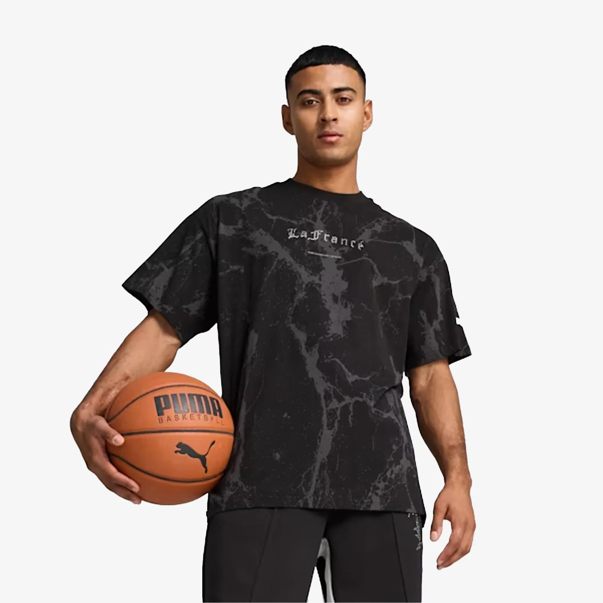 PUMA HOOPS x LAFRANCE WRITTEN IN CHROME MARBLE T-Shirt { BLACK FLAT MEDIUM GRAY