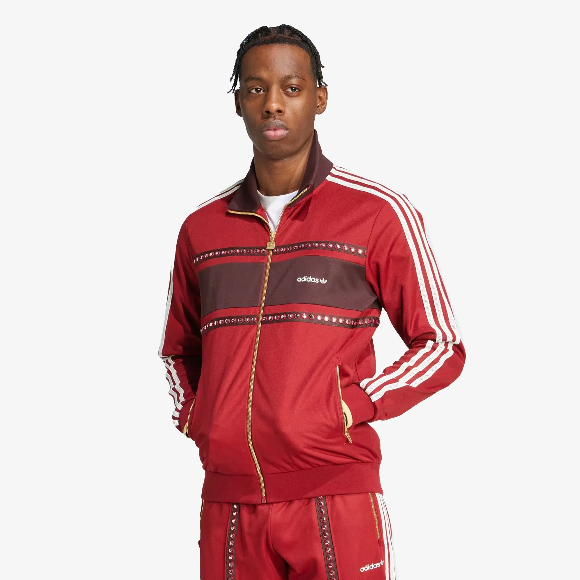 ADIDAS ORIGINALS RETRO SPORTS CRICKET-INSPIRED TRACK TOP { RUST RED