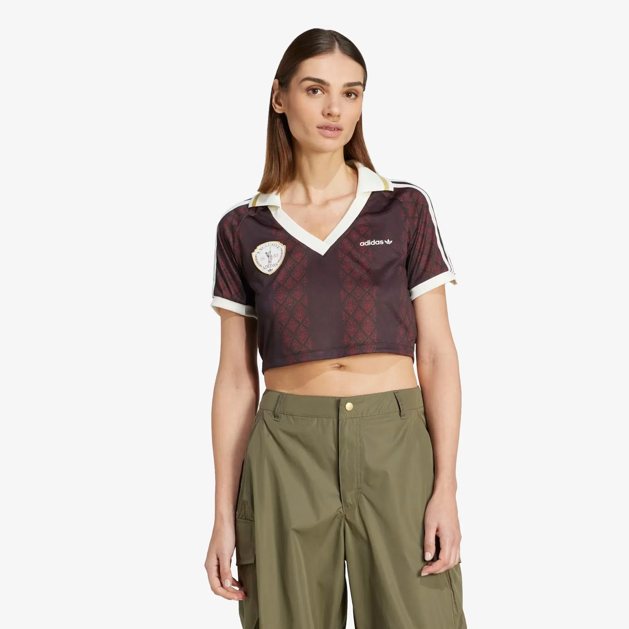 Adidas Originals RETRO SPORTS CRICKET-INSPIRED CROPPED JERSEY { NIGHT BROWN/RED