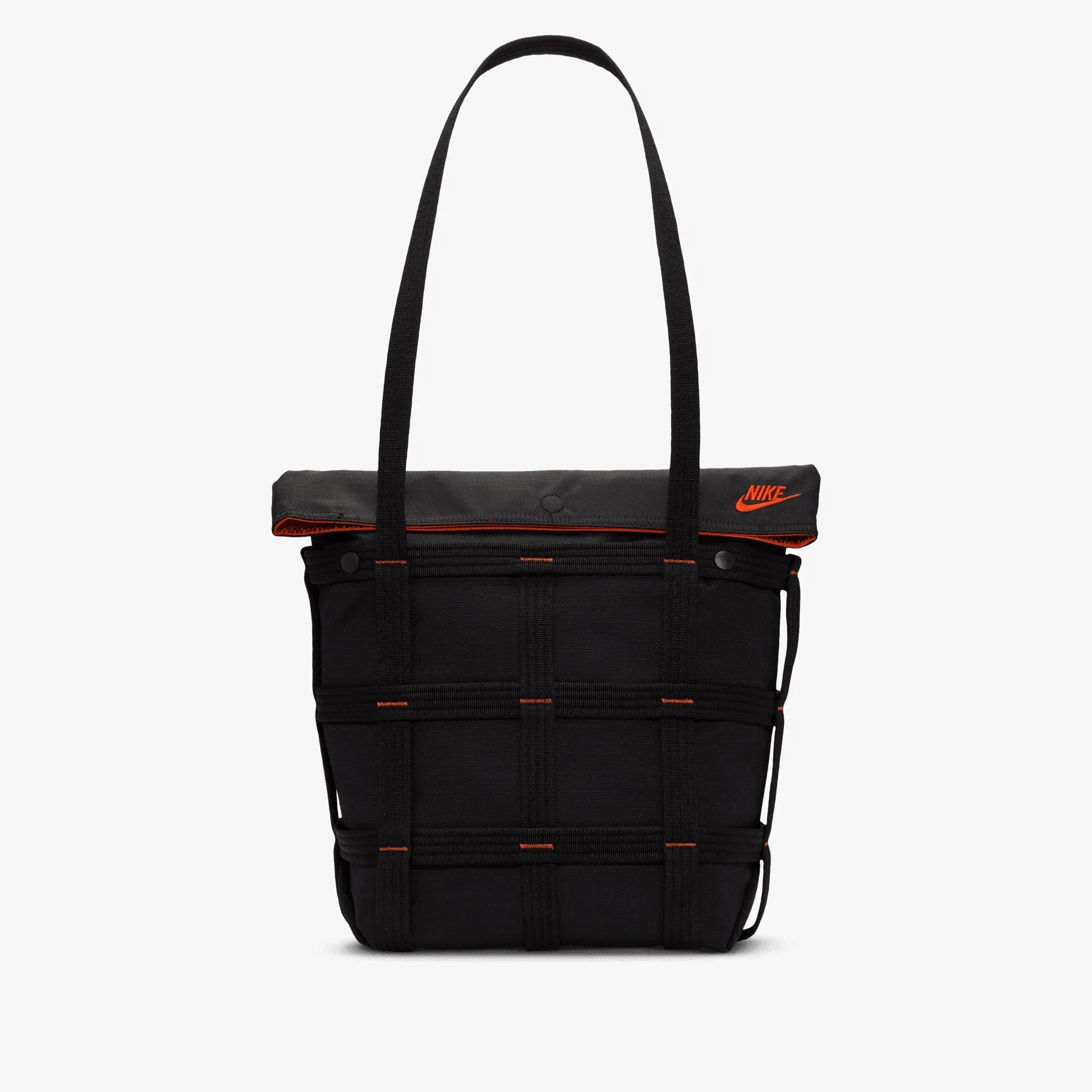 NIKE SPORTSWEAR CARGO TOTE (12L) { BLACK/BLACK/ORANGE