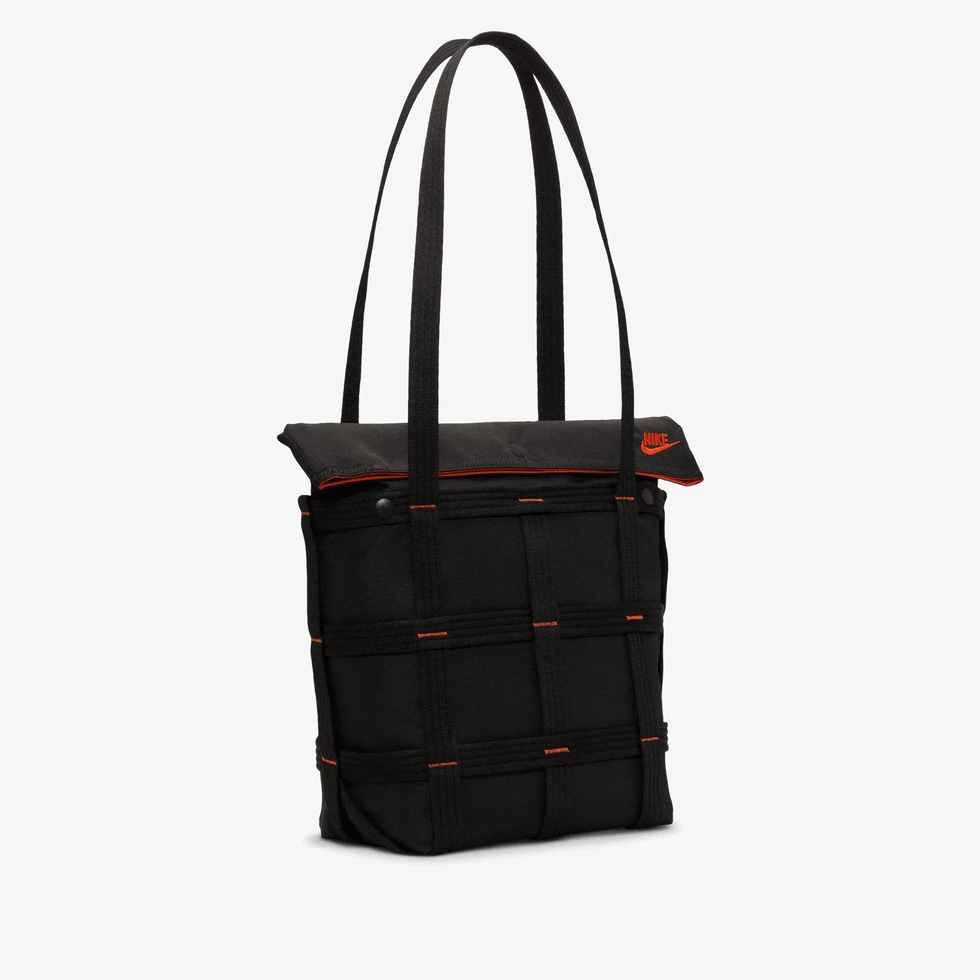 NIKE SPORTSWEAR CARGO TOTE (12L) { BLACK/BLACK/ORANGE