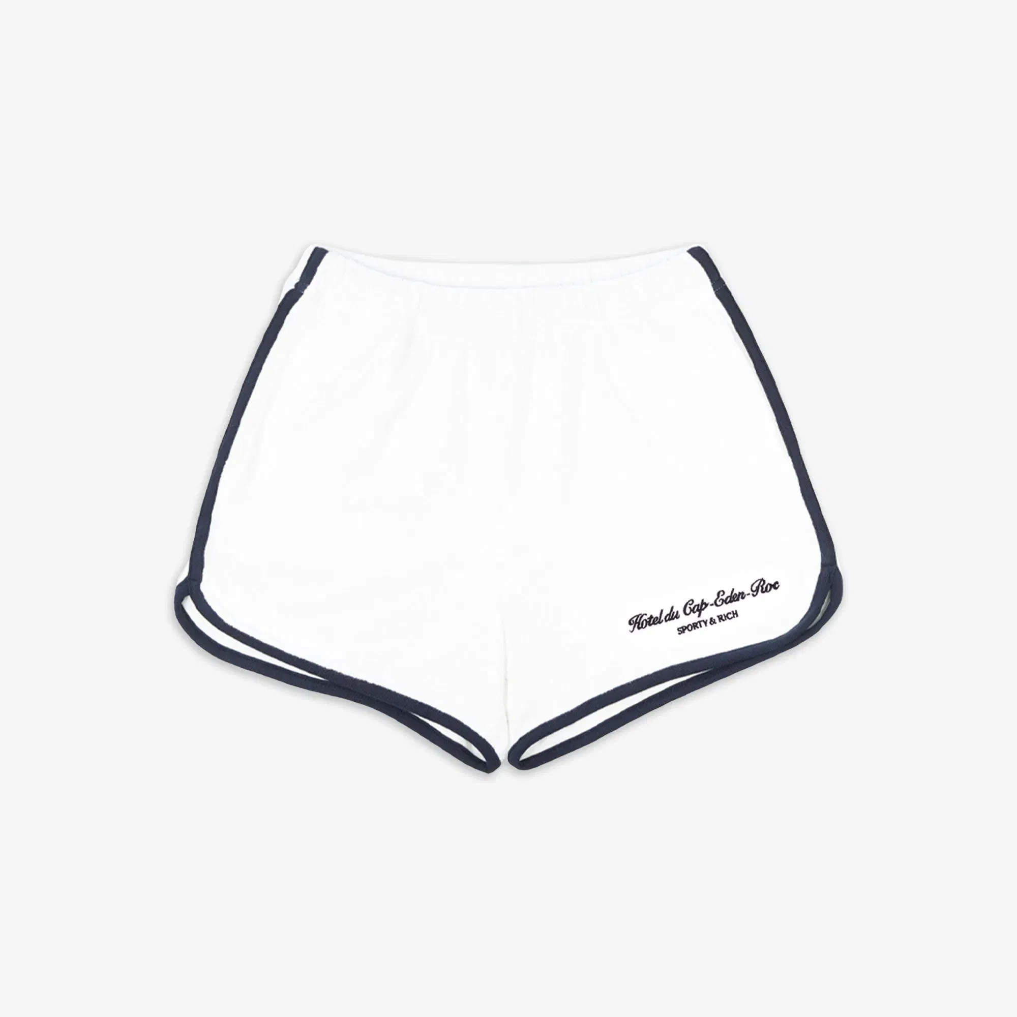SPORTY & RICH HOTEL DU CAP CURSIVE TERRY SHOTS { WHITE/NAVY