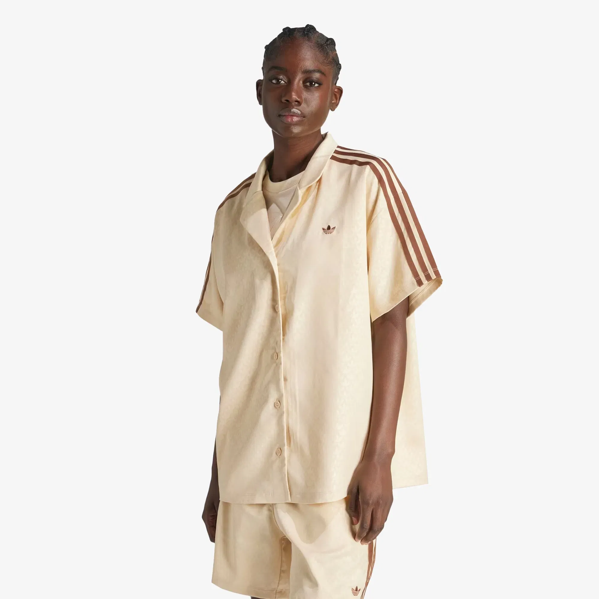 Adidas Originals FASHION MONOGRAM SATIN BOWLING SHIRT { CRYSTAL SAND