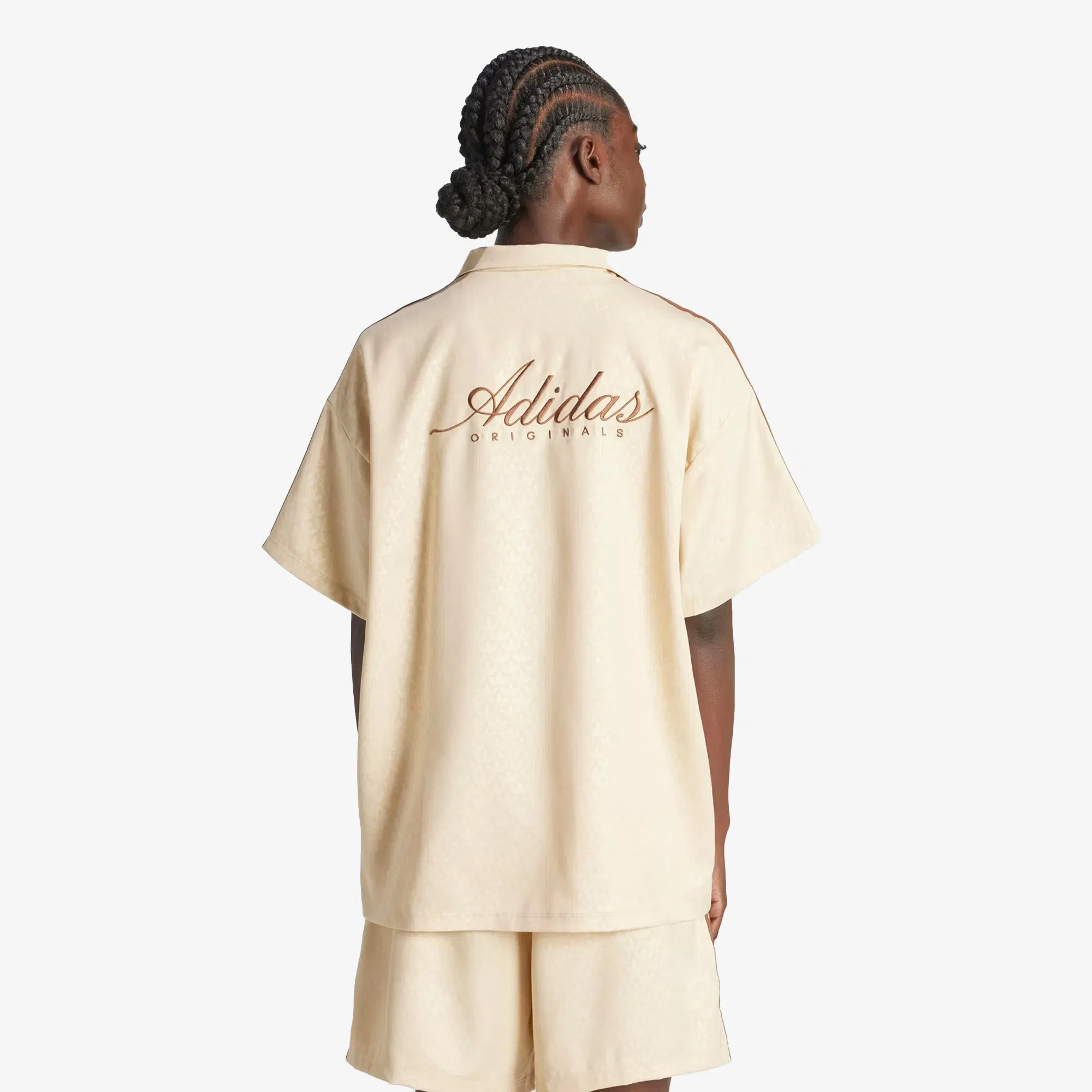 Adidas Originals FASHION MONOGRAM SATIN BOWLING SHIRT { CRYSTAL SAND