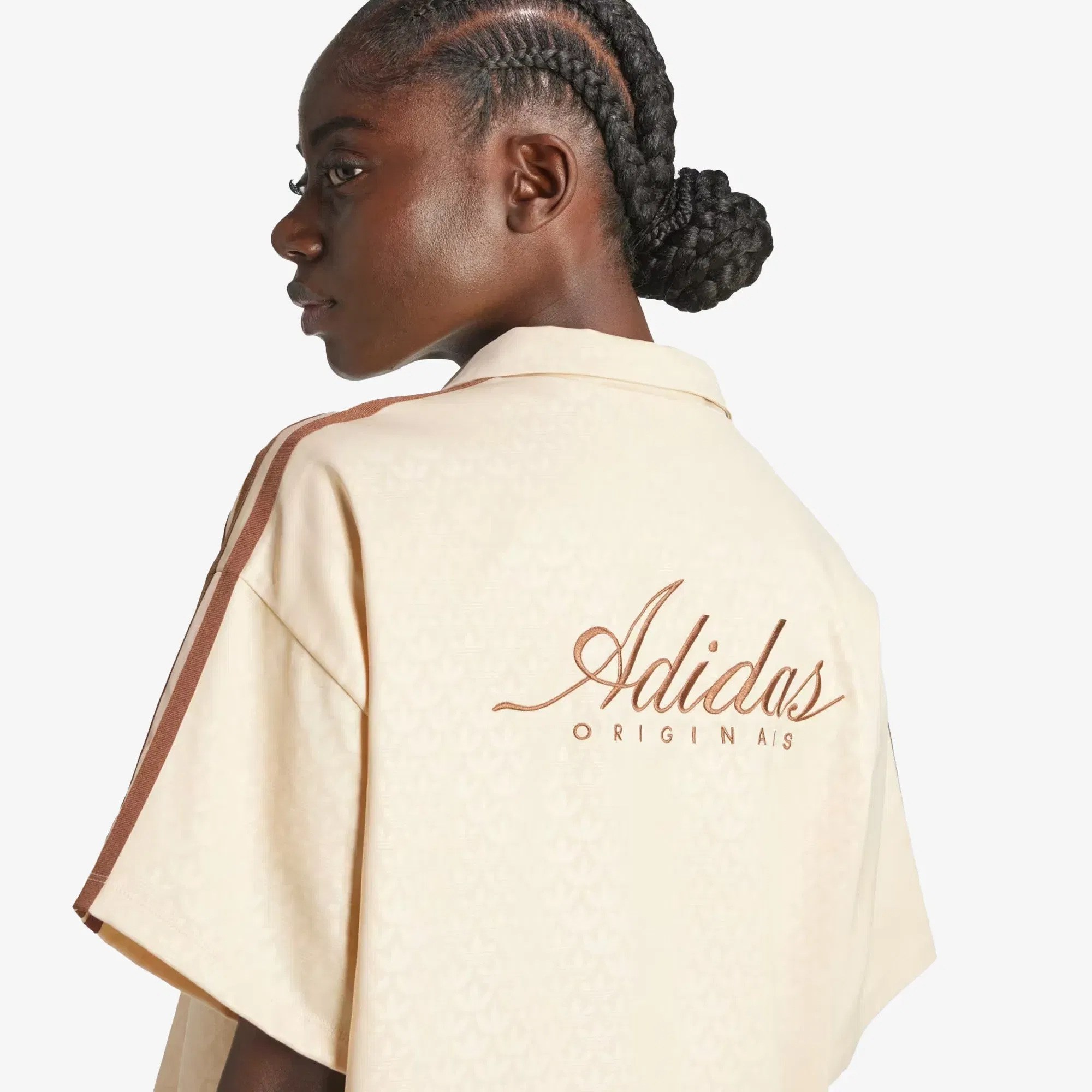 Adidas Originals FASHION MONOGRAM SATIN BOWLING SHIRT { CRYSTAL SAND