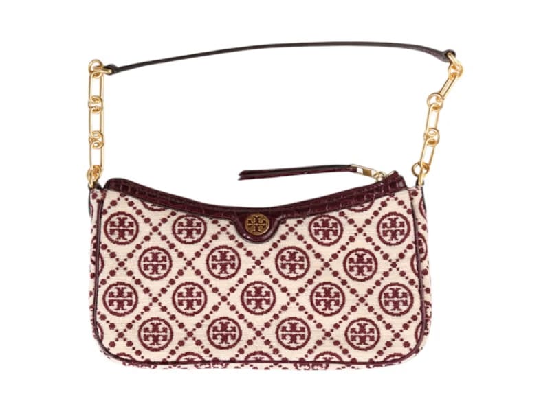 Tory Burch T Monogram Chenille Studio Shoulder Bag Claret/New Cream