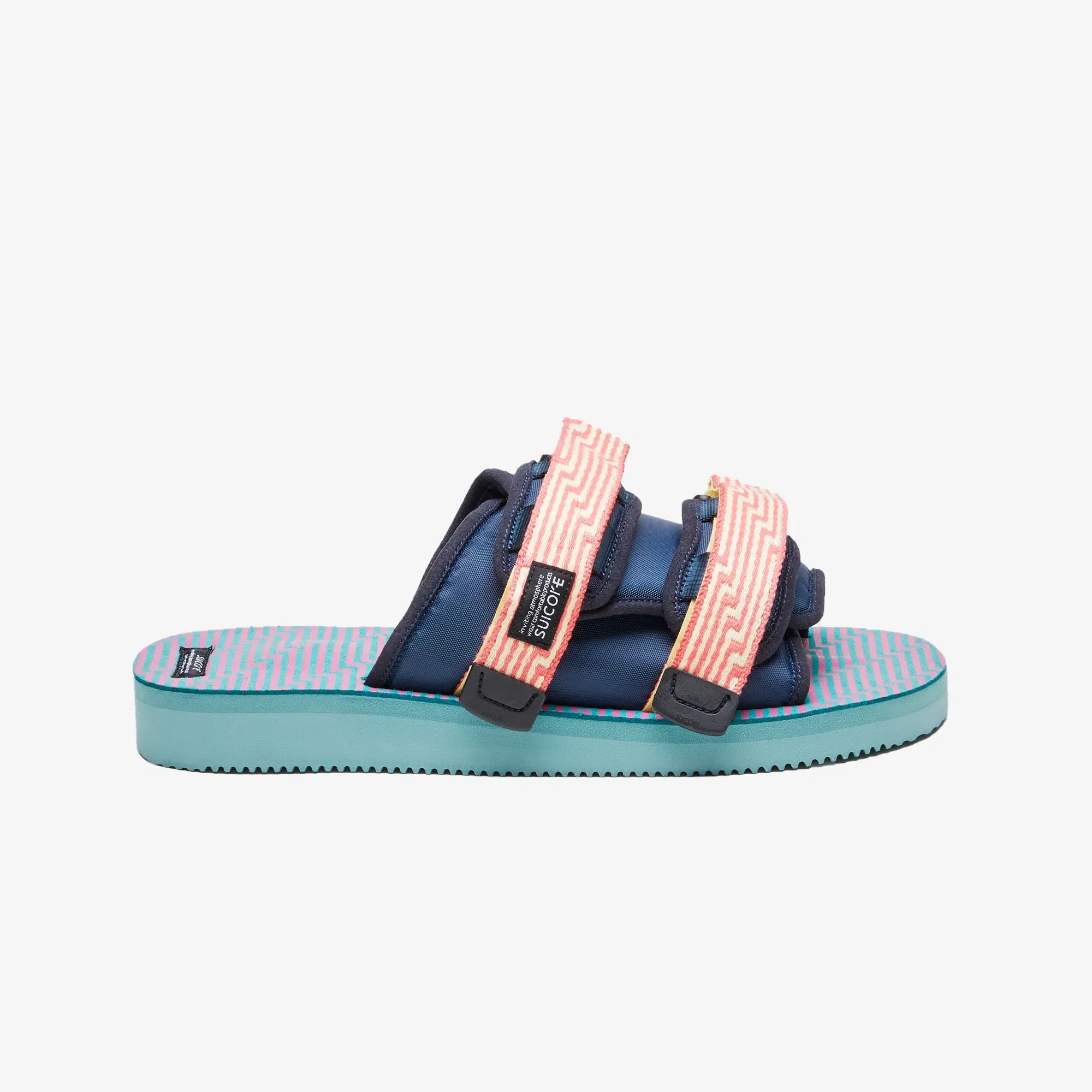 Suicoke MOTO JACQUARD TOUCH-STRAP { NAVY BLUE/CORAL PINK/SEA GREEN