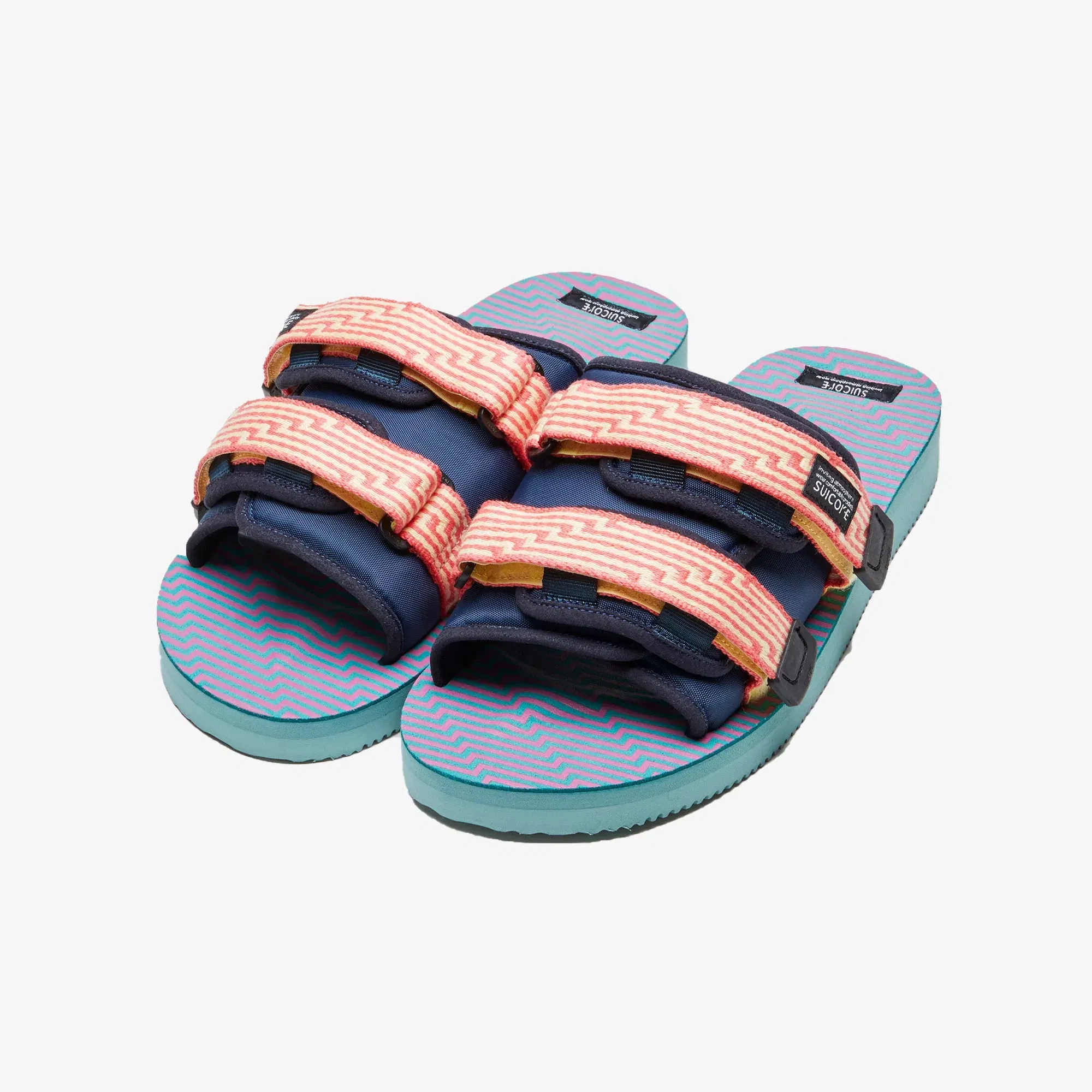 Suicoke MOTO JACQUARD TOUCH-STRAP { NAVY BLUE/CORAL PINK/SEA GREEN
