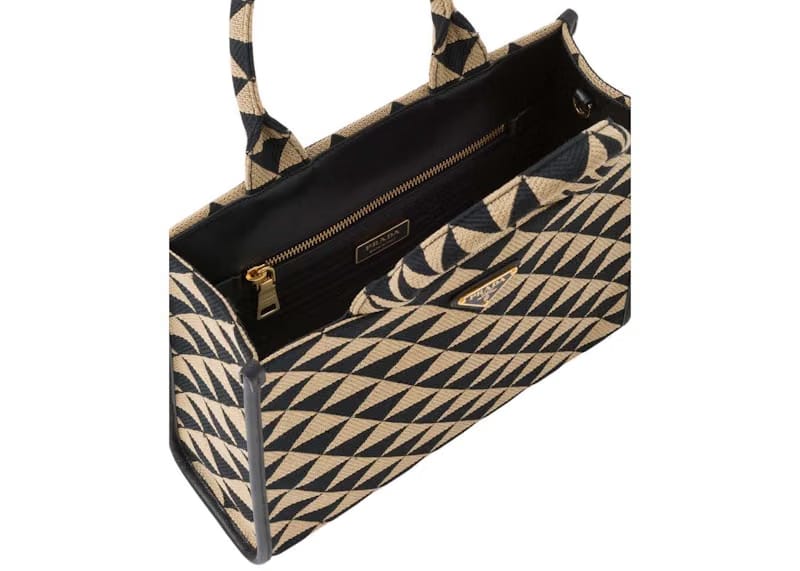 Prada Small Symbole Embroidered Fabric Handbag Black/Beige