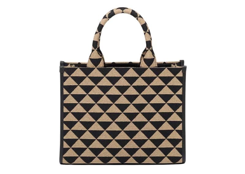 Prada Small Symbole Embroidered Fabric Handbag Black/Beige