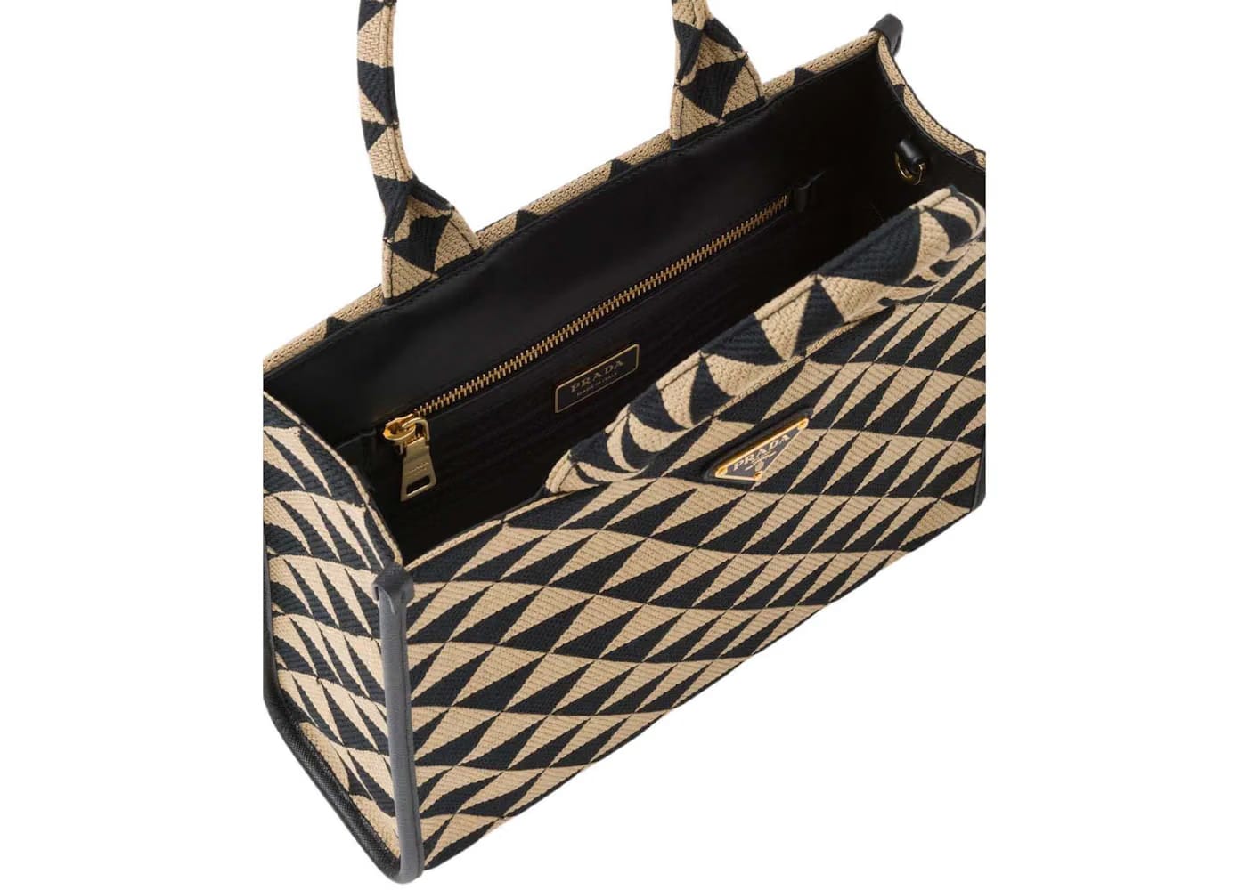 Prada Small Symbole Embroidered Fabric Handbag Black/Beige