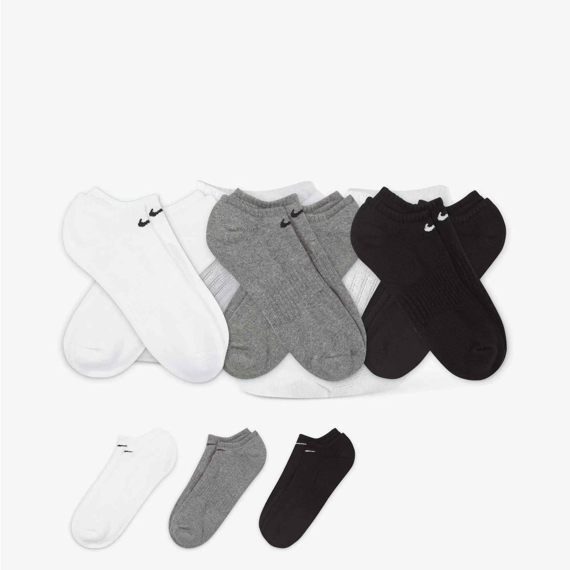 NIKE EVERYDAY CUSHIONED TRAINING NO-SHOW SOCKS { GREY/WHITE/BLACK