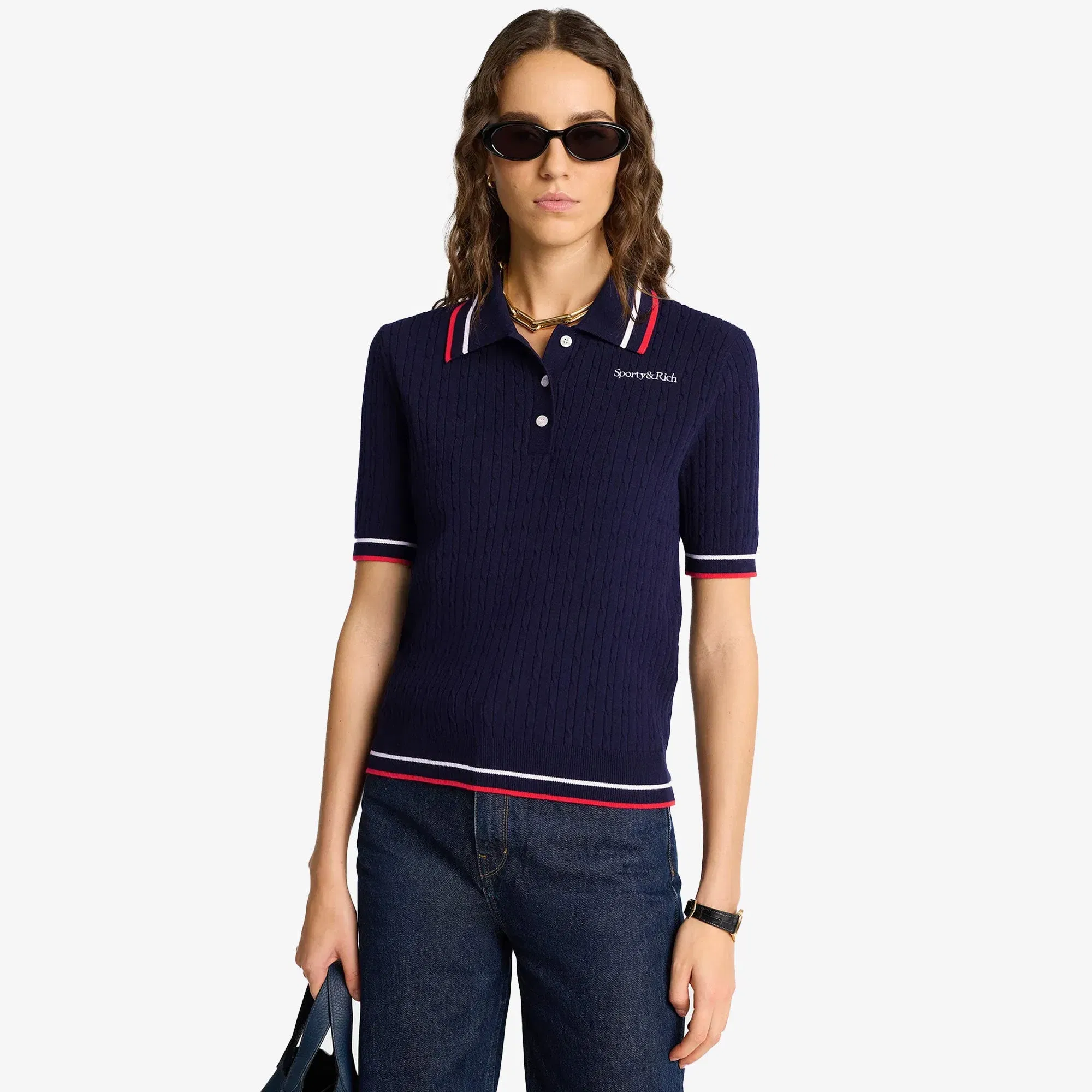 SPORTY & RICH SERIF MINI CABLE POLO T-SHIRT { NAVY