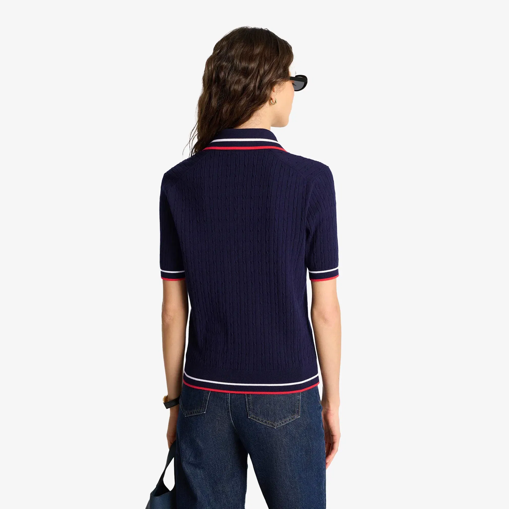 SPORTY & RICH SERIF MINI CABLE POLO T-SHIRT { NAVY