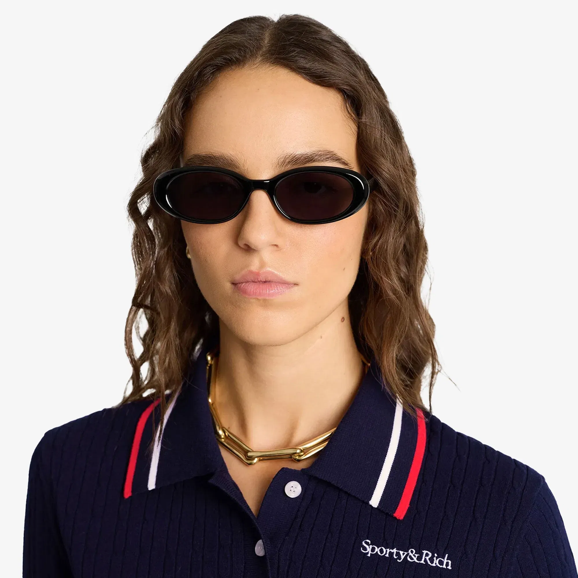 SPORTY & RICH SERIF MINI CABLE POLO T-SHIRT { NAVY