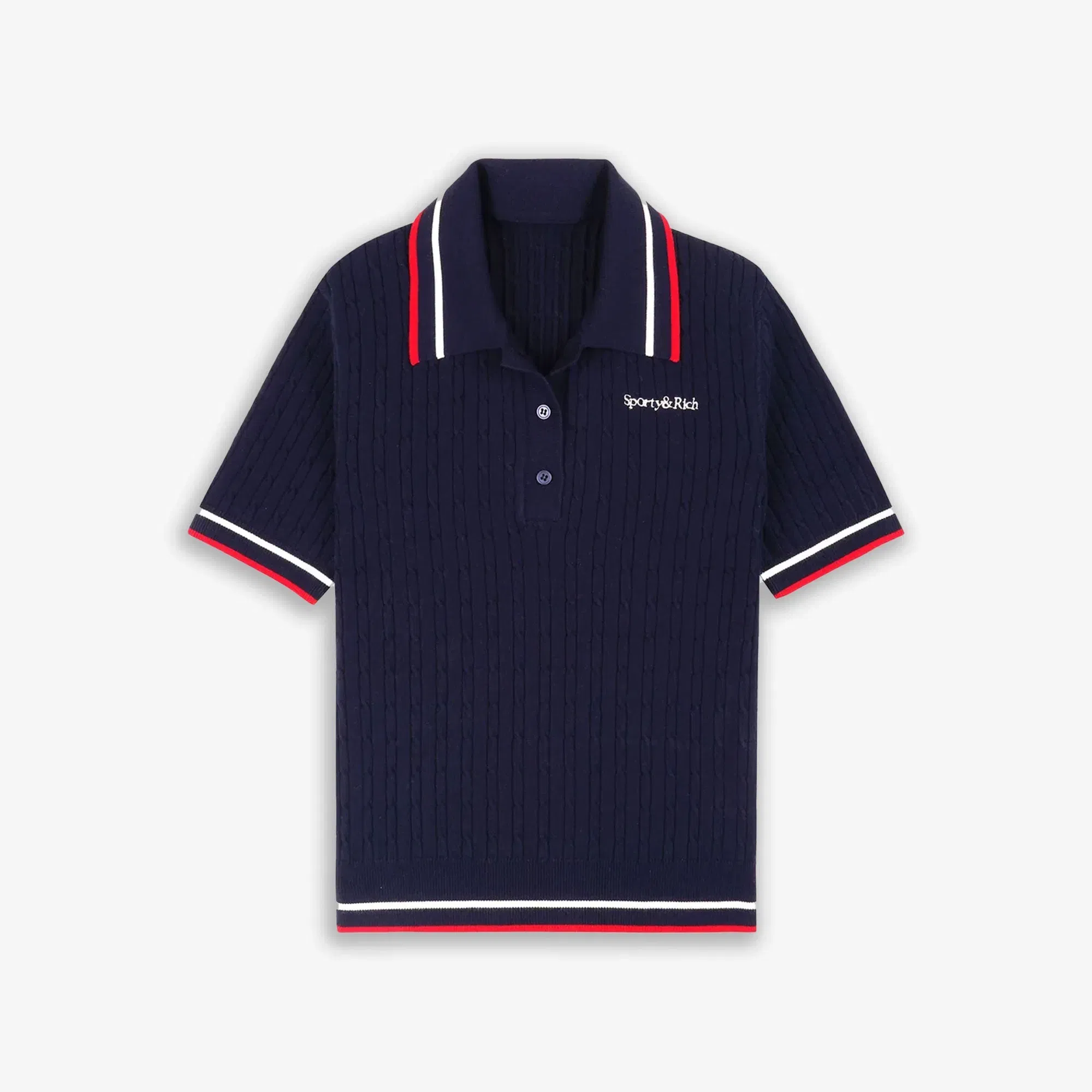 SPORTY & RICH SERIF MINI CABLE POLO T-SHIRT { NAVY
