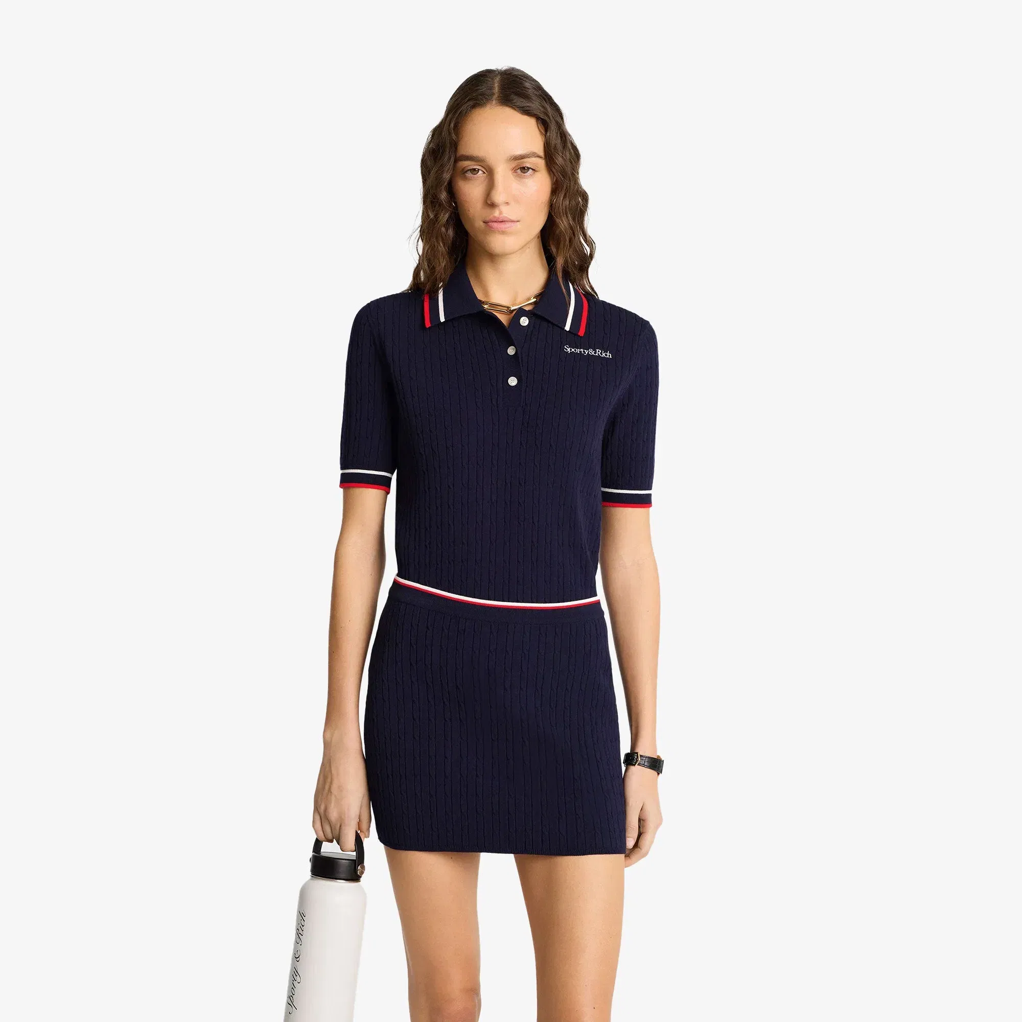 SPORTY & RICH SERIF LOGO MINI CABLE SKIRT { NAVY