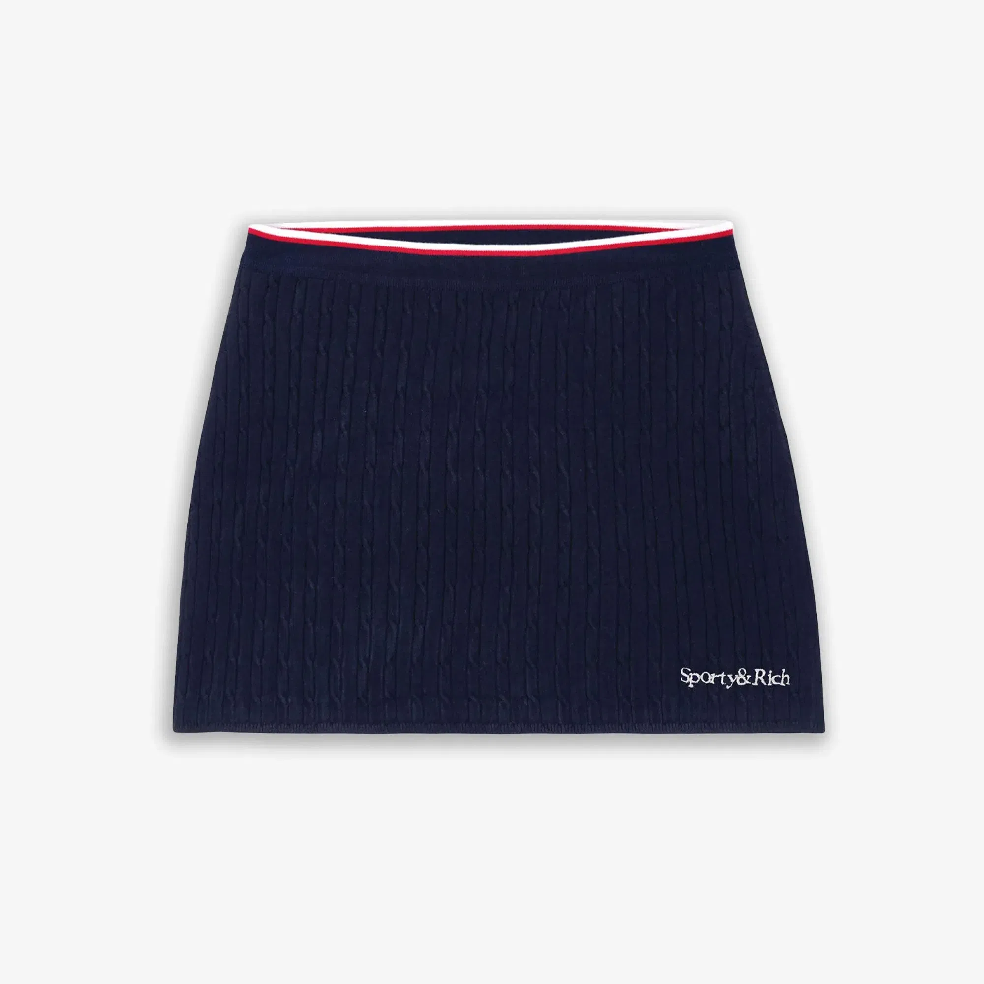 SPORTY & RICH SERIF LOGO MINI CABLE SKIRT { NAVY