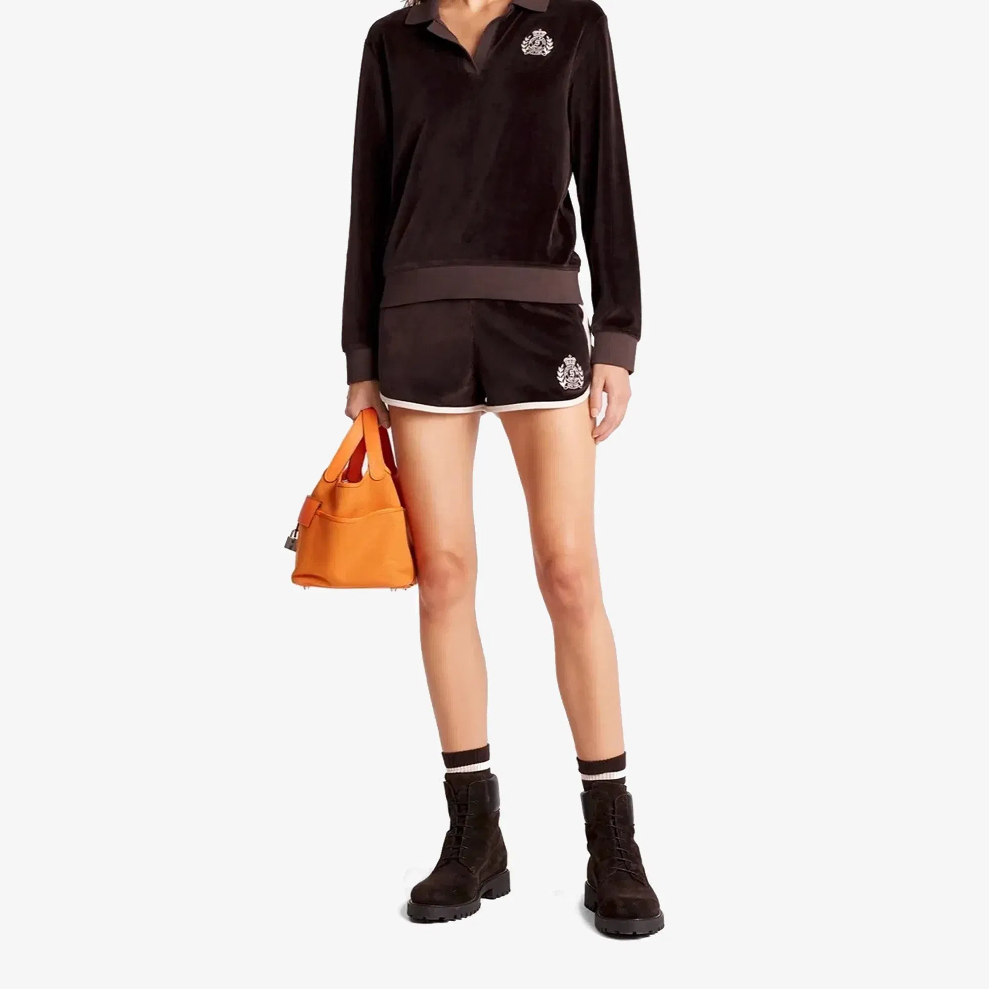 SPORTY & RICH NY CREST VELOUR SHORT { BROWN