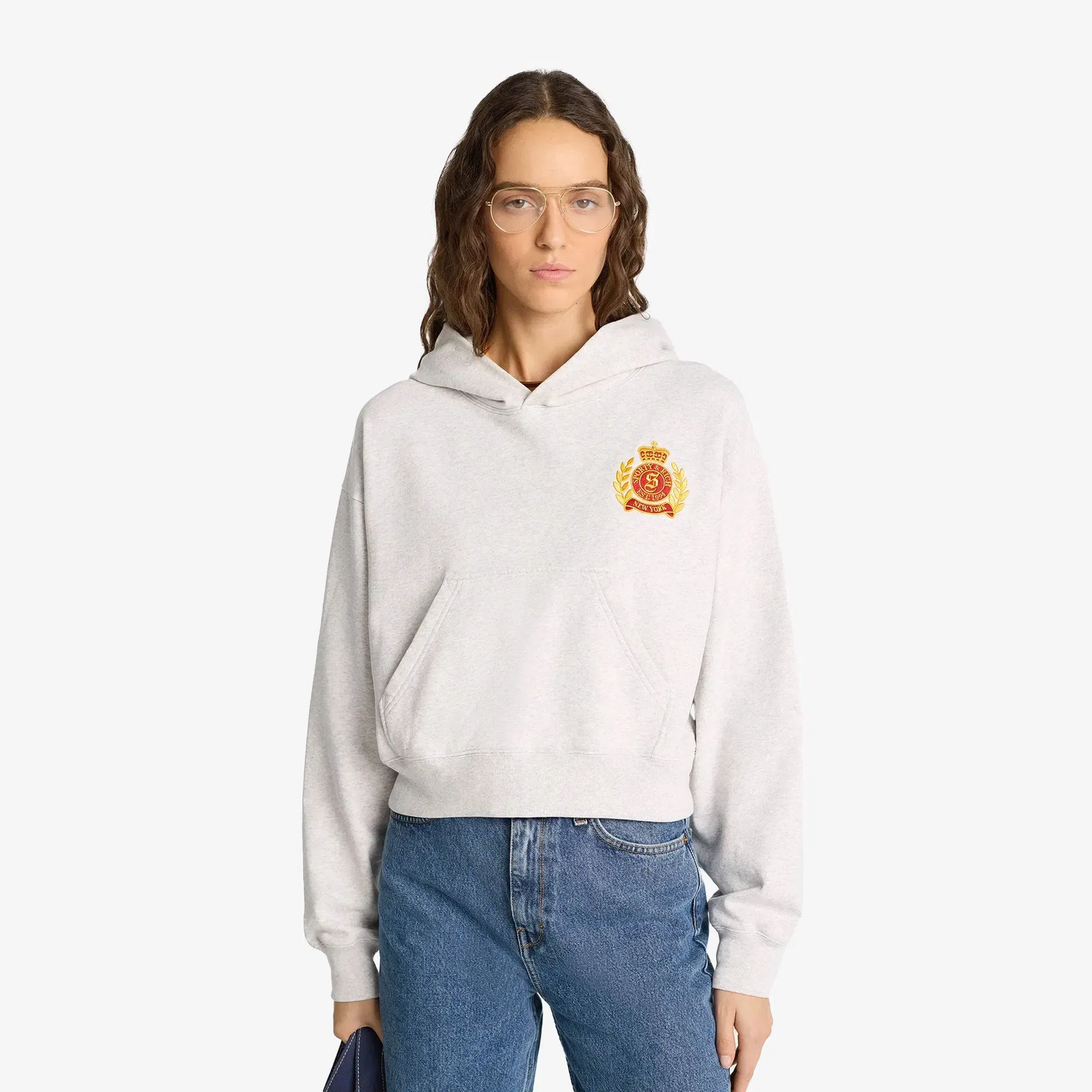 SPORTY & RICH NY CREST CROPPED HOODIE { GRAY/GOLD