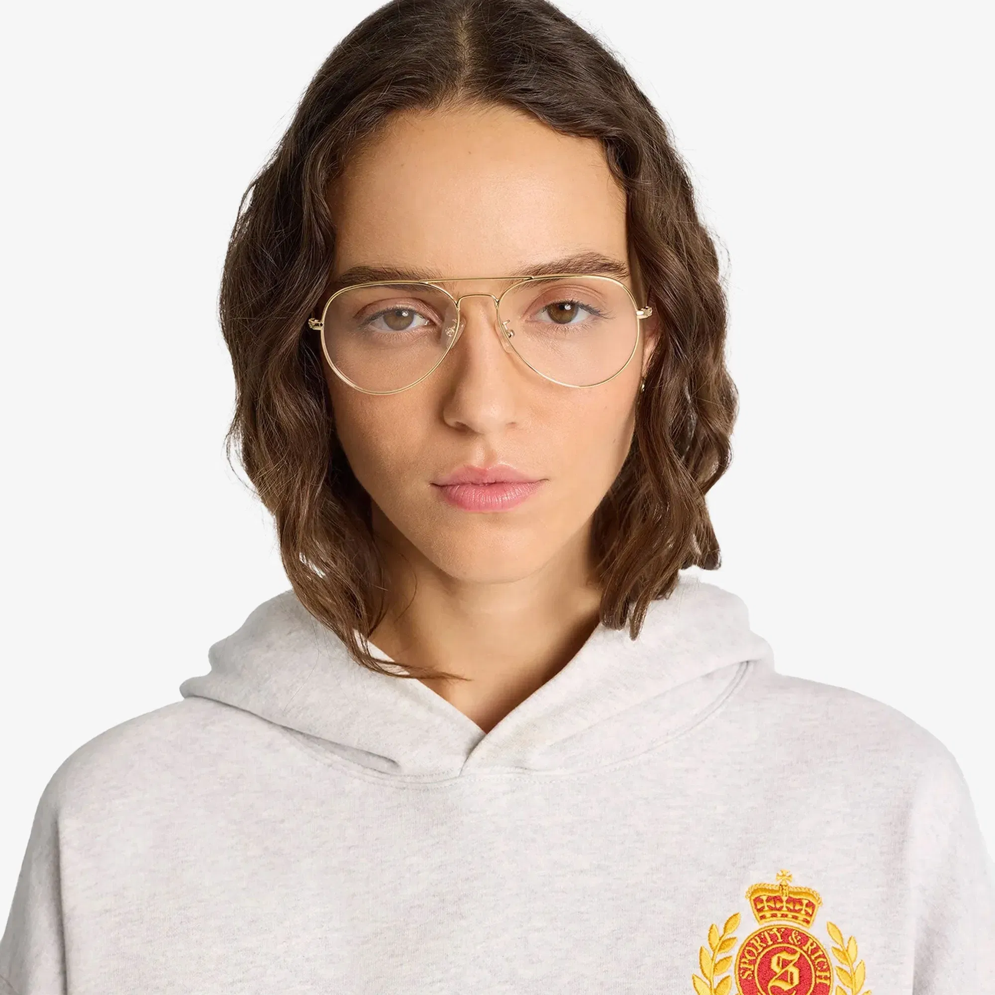 SPORTY & RICH NY CREST CROPPED HOODIE { GRAY/GOLD