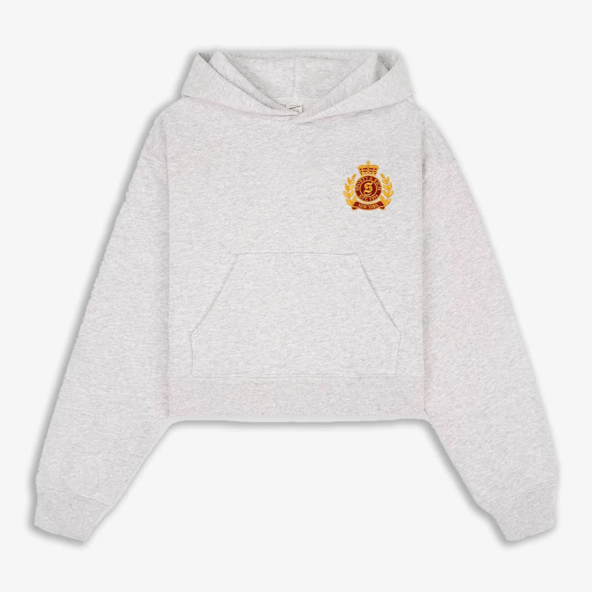SPORTY & RICH NY CREST CROPPED HOODIE { GRAY/GOLD