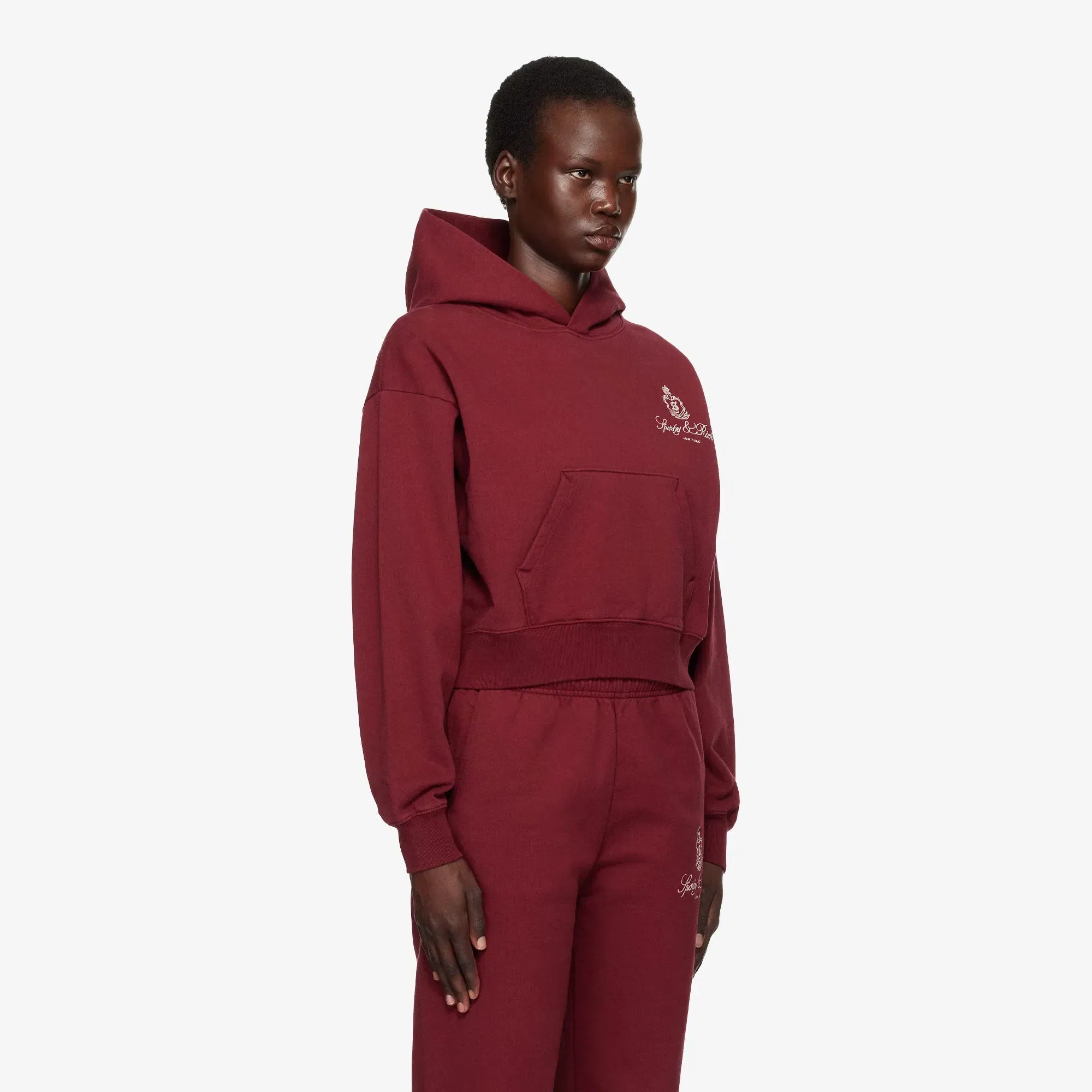 SPORTY & RICH VENDOME EMBROIDERED CROPPED HOODIE { RED