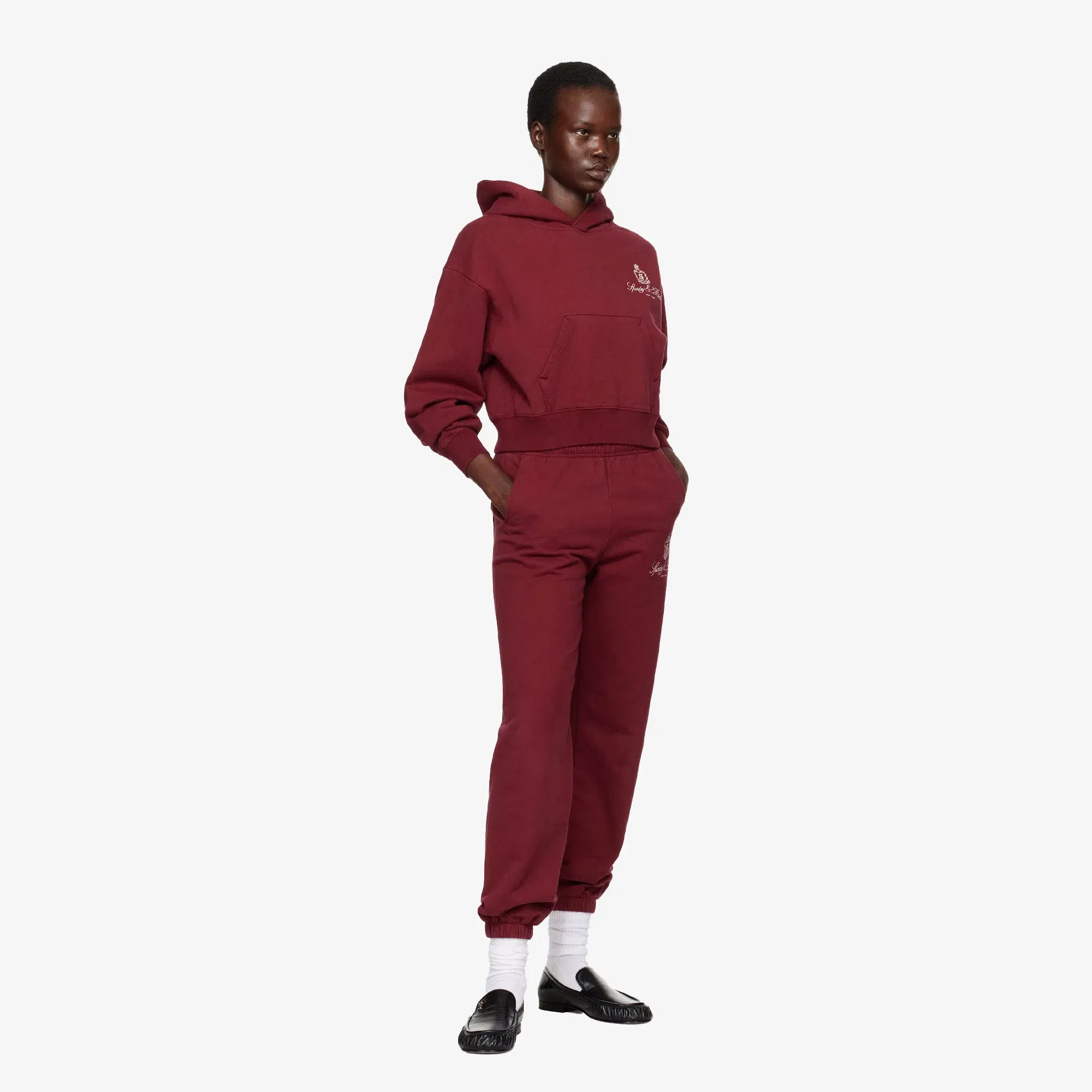 SPORTY & RICH VENDOME EMBROIDERED CROPPED HOODIE { RED